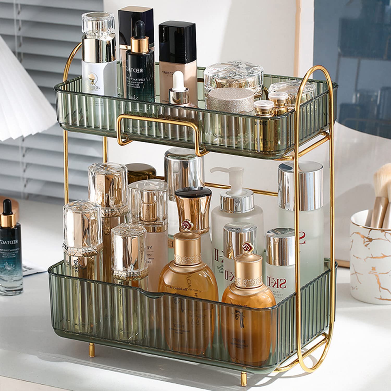 SHENGMEI Cosmetic storage rack, drawer type cosmetic storage display cabinet, large-capacity cosmetic storage box, suitable for storing jewelry, cosmetics, lipstick and other items (Green)