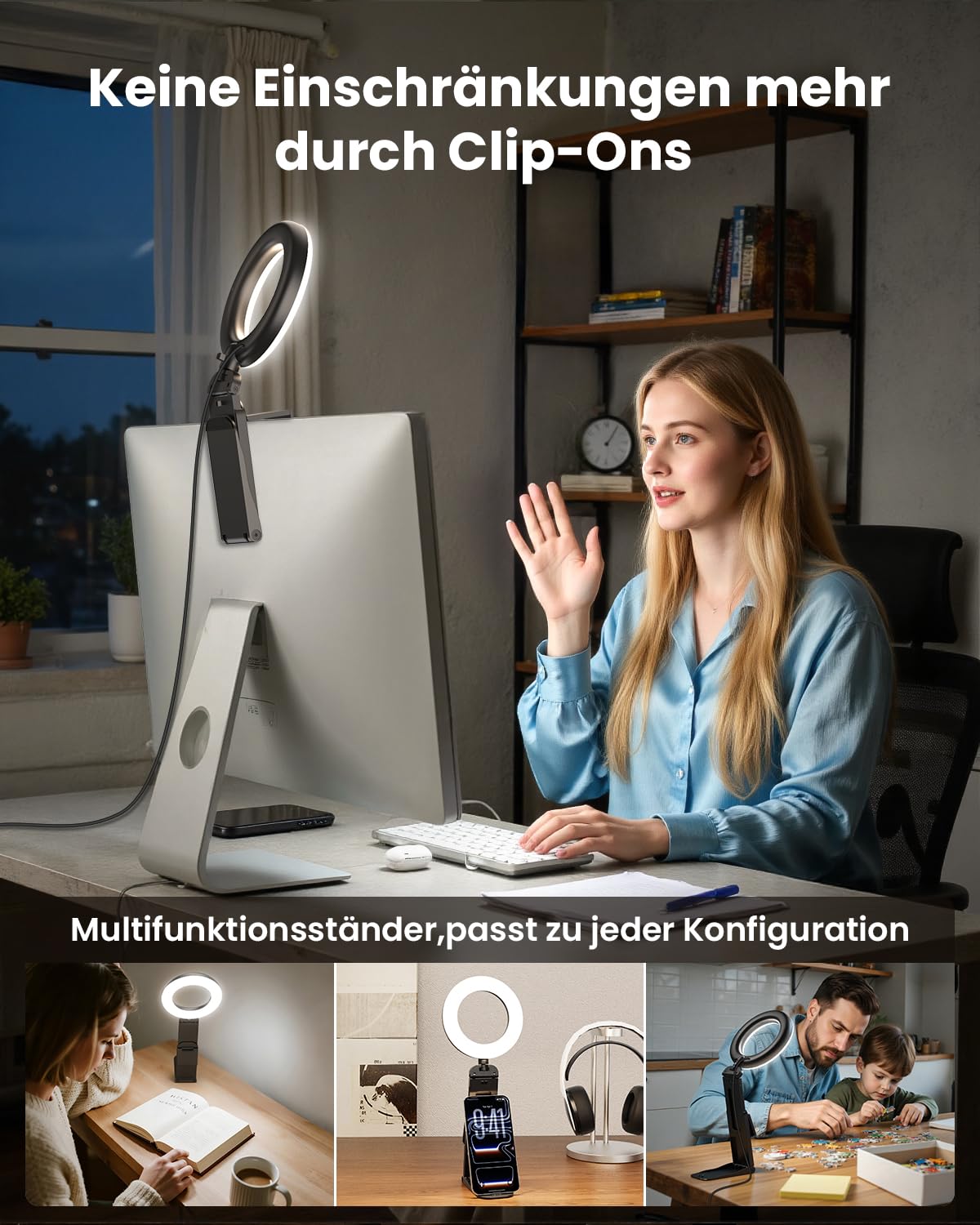 Evershop lampa pierścieniowa do laptopa, telefonu komórkowego, 5", lampa pierścieniowa ze statywem i uchwytem na telefon komórkowy, 3 kolory światła + 10 poziomów jasności, obracane o 360°