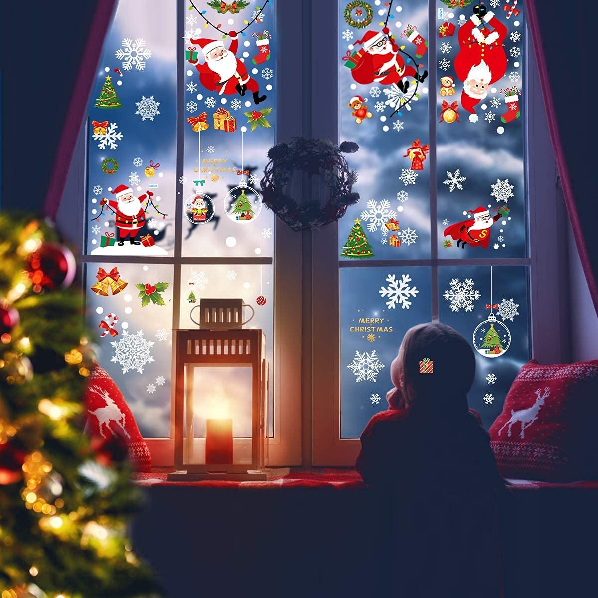 12 Sheets 2022 Christmas Window Stickers Santa Claus Crystal Ball Christmas Glass Door Decals Snowman Stickers Window Clings Christmas Party Supplies Window Decorations