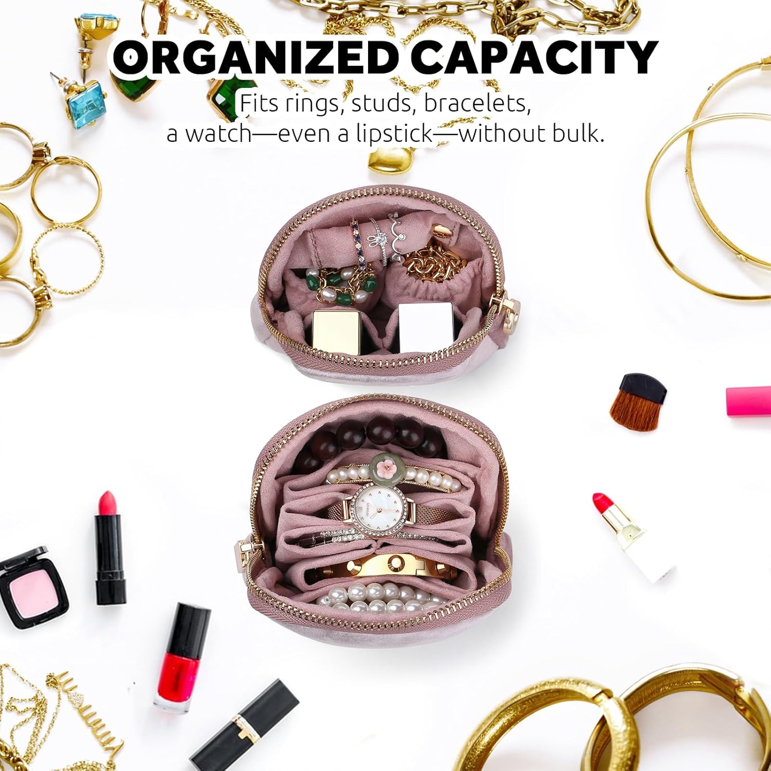 Small Travel Jewelry Case Set 2-in-1 Detachable Velvet Pouches, Portable Jewelry Organizer Bag for Rings Earrings Bracelets, Gift Box for Women (Blush Pink)