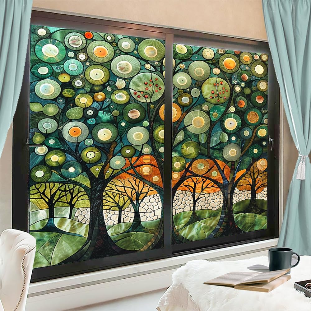 Colorful Forest Privacy Window Film, Abstract Rustic Fantasy Trees Decorative Frosted Self Adhesive Stained Glass Window Film for Bathroom & Room 27.6Wx47.2L-inch x2 Pcs