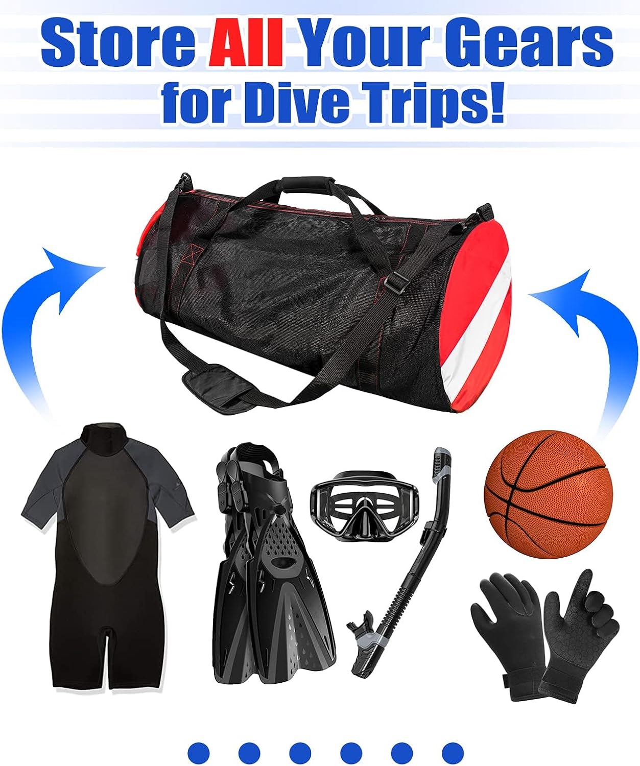 Mesh Duffle Bag, XL Dive Bag with Padded Removeable Adjustable Shoulder Strap and Wrap Handle, Scuba Gear Bags for Diving, Snorkeling, Freediving, Swimming, Spearfishing, Beach (XL-Black)