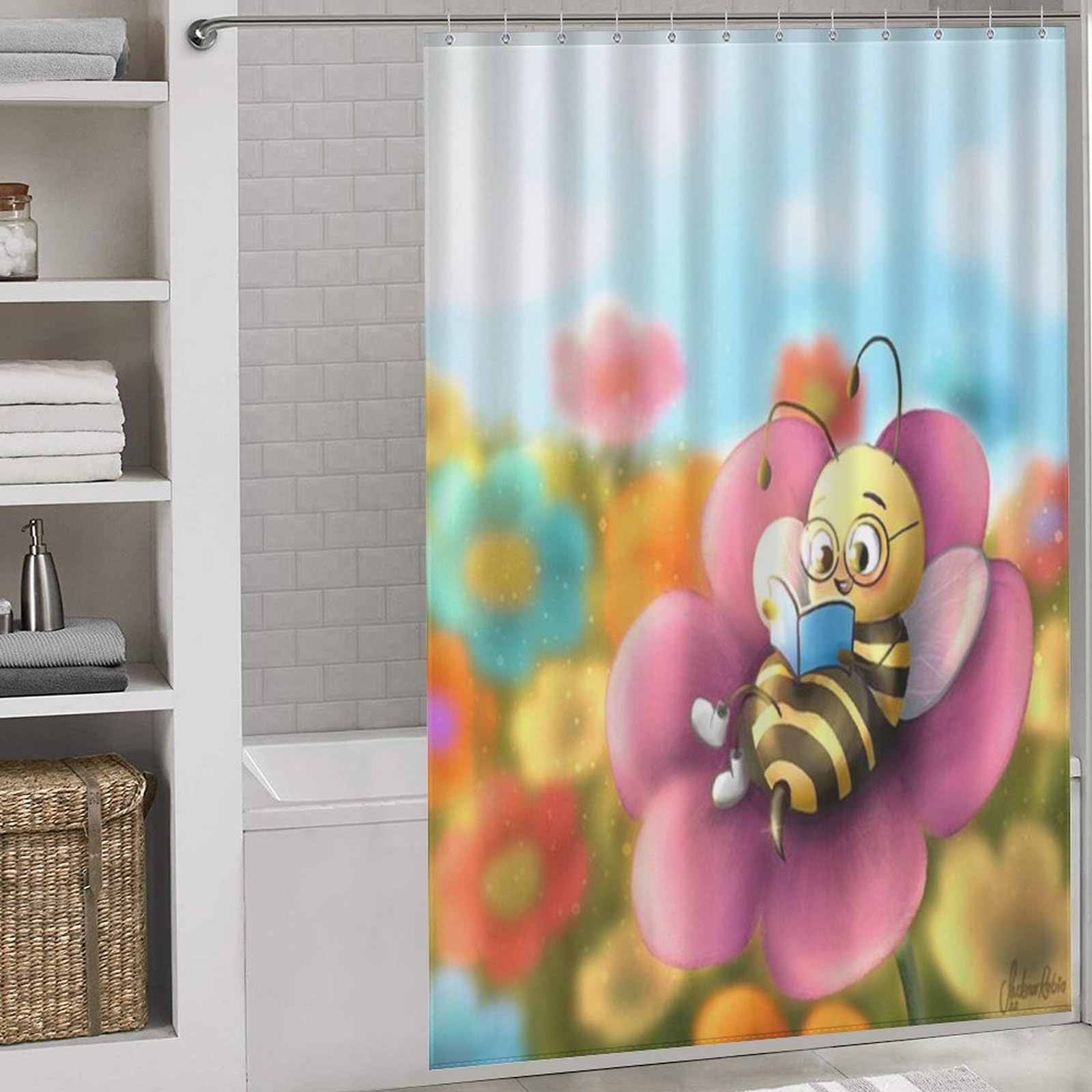 Rideaux de douche tissu lavable abeille imperméable 60x72inch pour baignoire et douche de maison