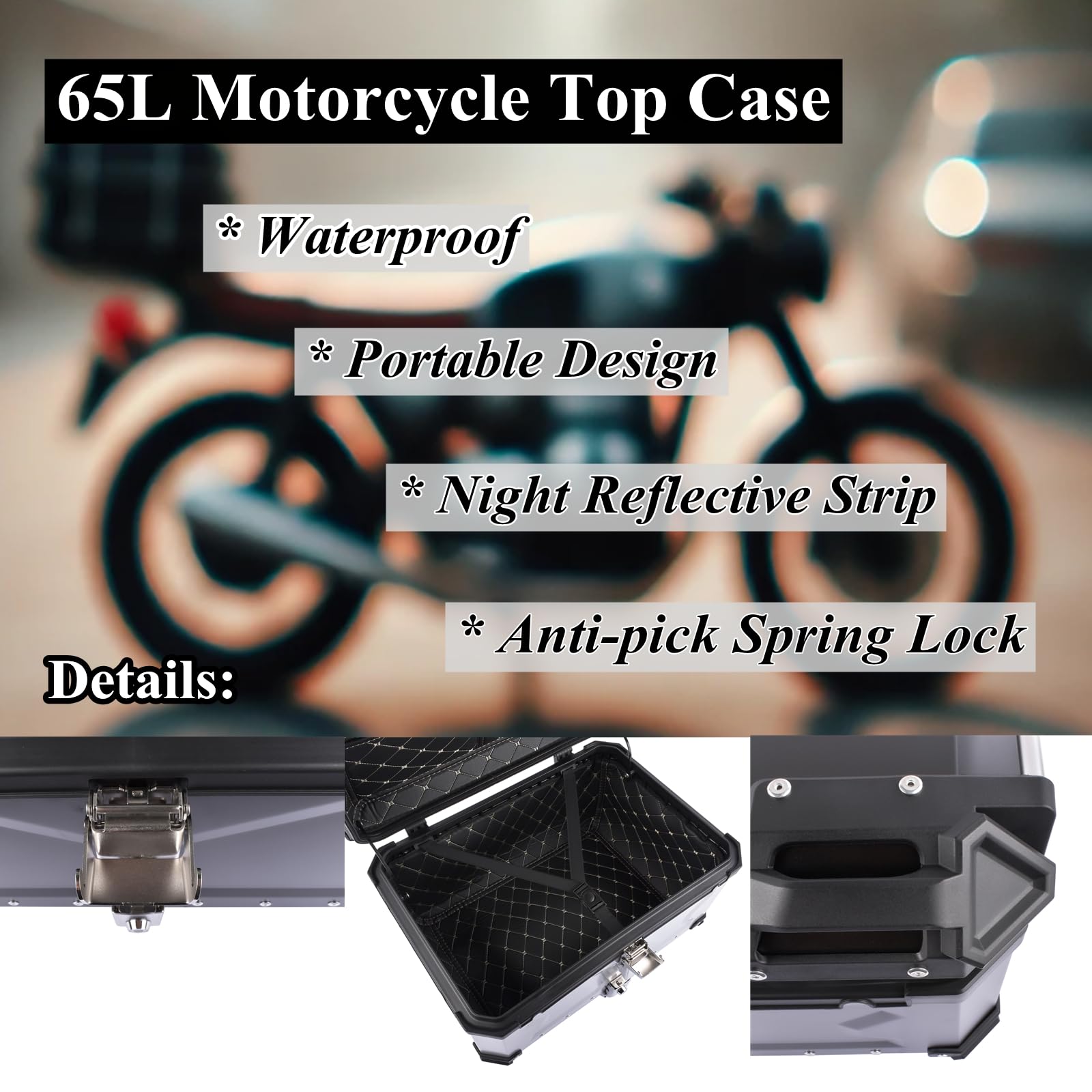 Silberner 65L Motorradkoffer, Aluminium wasserdichte Universal Motorradkoffer für Motorrad Gepäckbox mit Sicherheitsschloss zur Aufbewahrung von Helmen