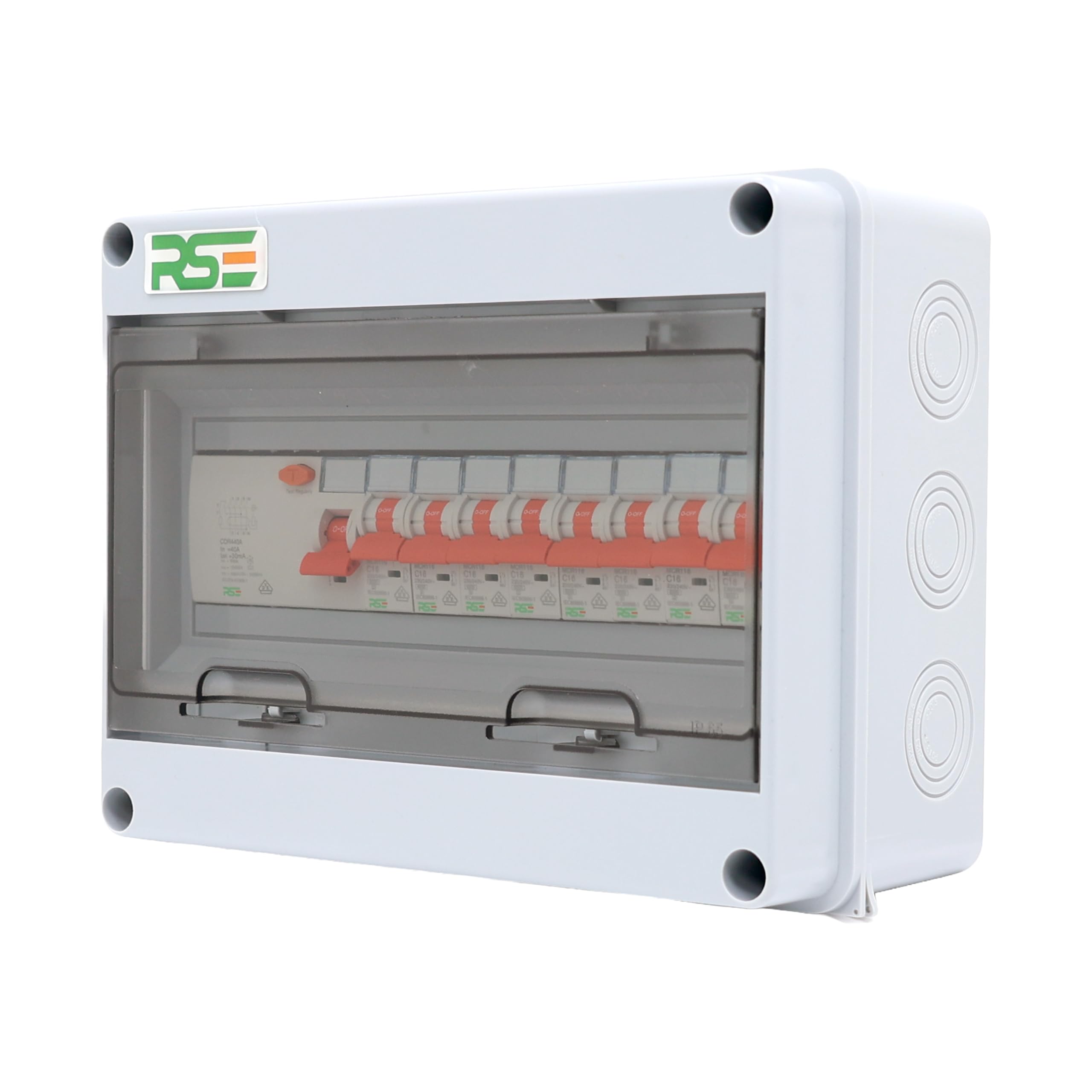 RSE Unterverteilung mit FI oder LS oder MID Zähler Stromverteiler Verteilerkasten Aufputz IP65, 5x LS 1P C16A, 1x LS 3P C16A, 1x FI 4P 40A, Aufputz 12 Module