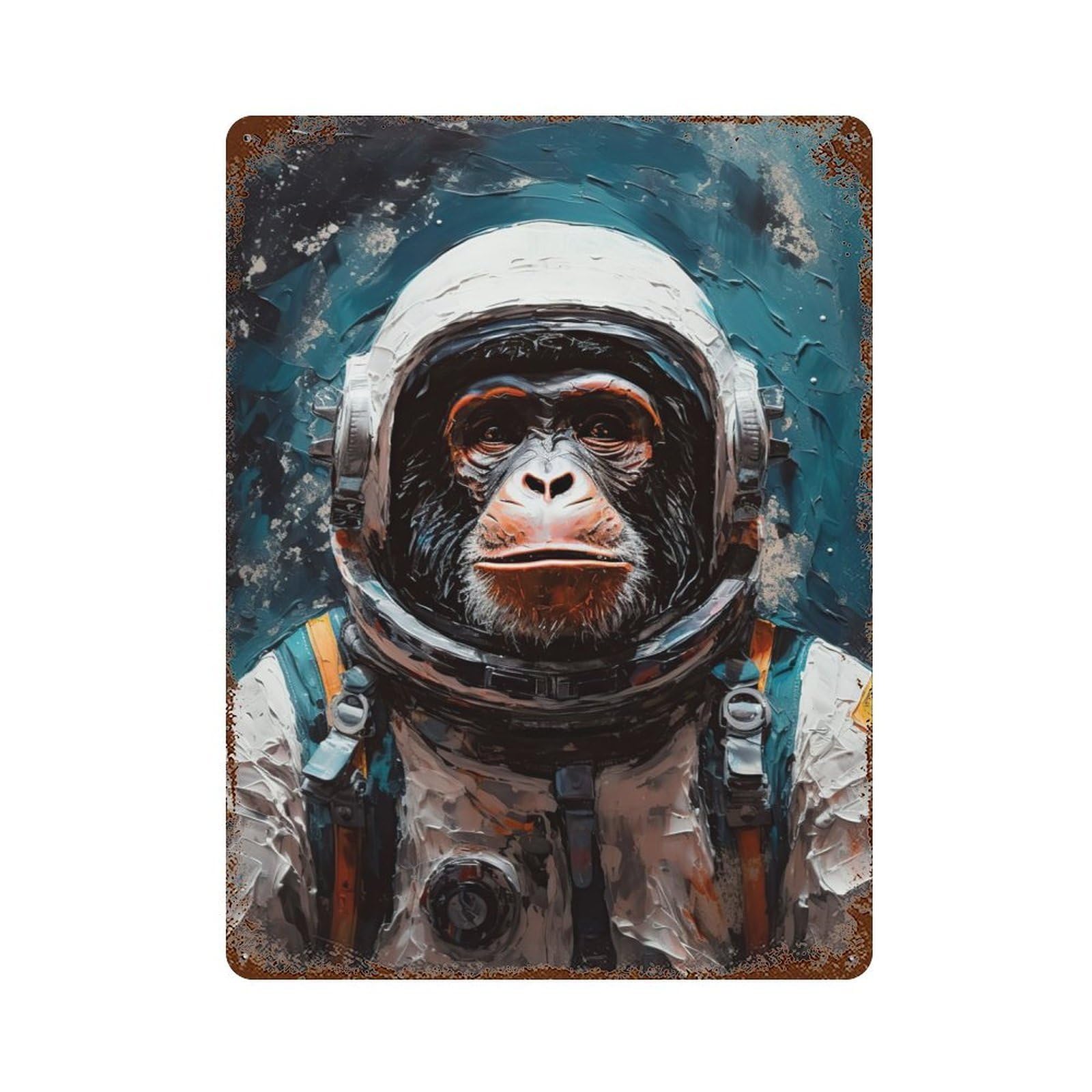 Rustic Tin Plaque with Chimp Astronaut Design 15.7"x11.8", for Cafe, Home Bar And Lounge Decor, Industrial Home Decor
