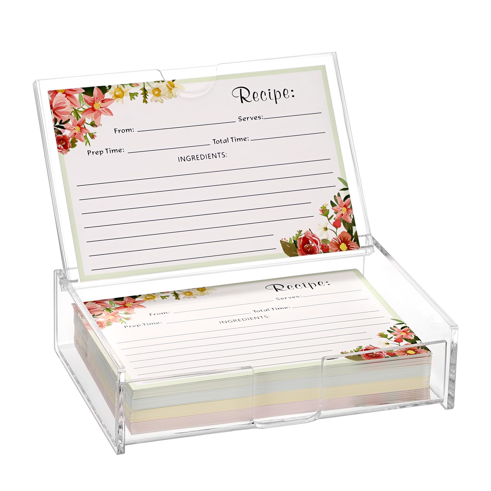 BSTKEY Acrylic Recipe Card Display Stand with 60 Recipe Cards, 4x6 inch Recipe Card Box Storage Index Card Organizer for Countertop Kitchen Cooking Wedding (Clear)