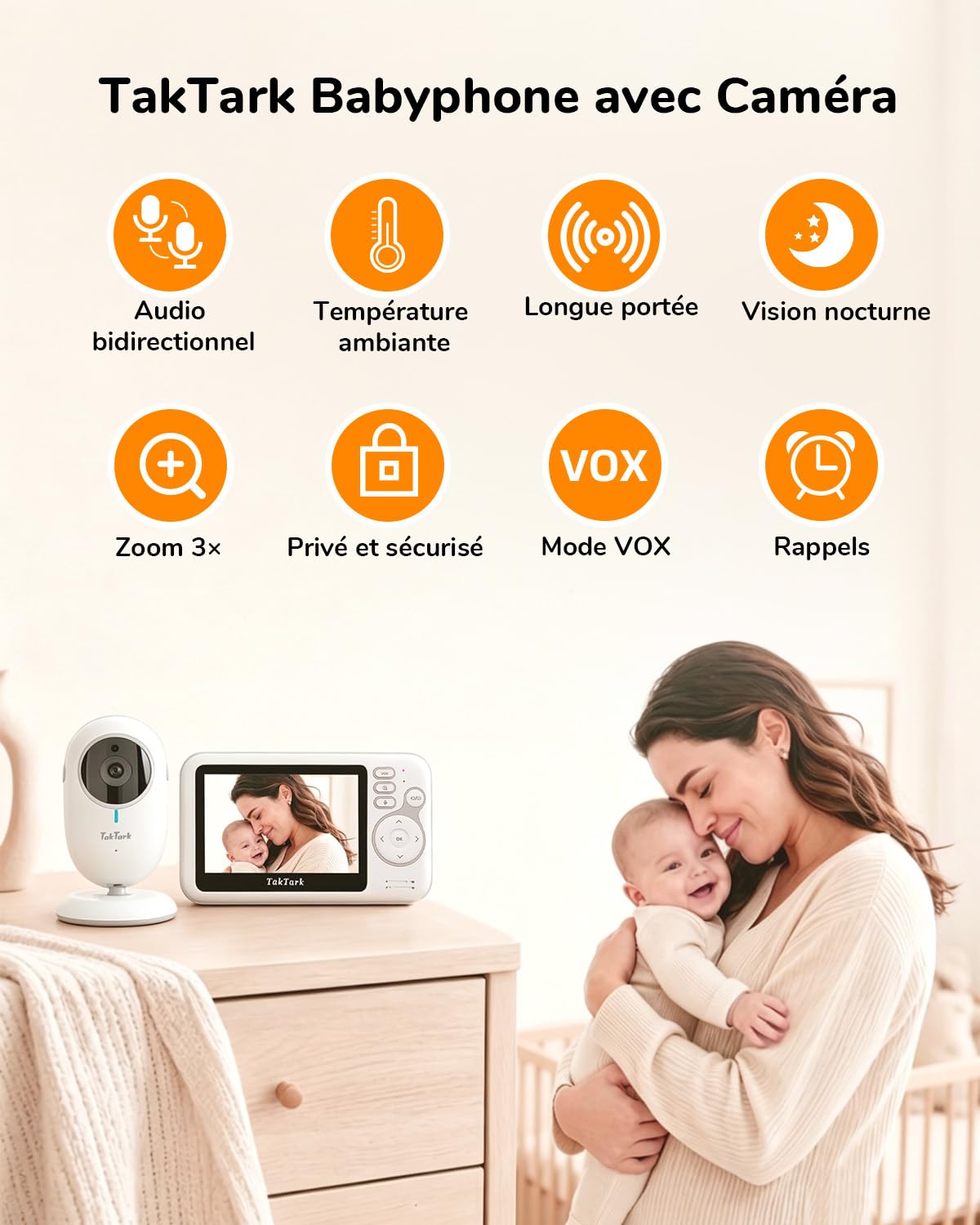 TakTark Babyphone Camera, Babyphones 4.3'' IPS Babyphone Vidéo, Camera Bebe Surveillance, Visiophone Bébé, VOX, Vision Nocturne, Communication Bidirectionnelle, Capteur de Température