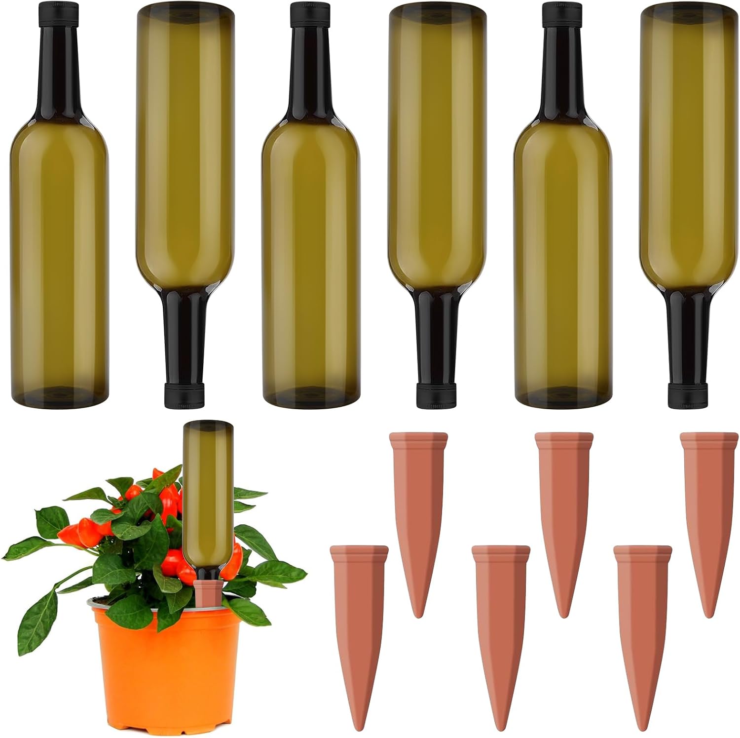 12 Pcs Self Watering Spikes for Plants Terracotta Automatic Plant Waterer Stakes with(25.5 Oz) PET Bottles, 6 Set Self Watering Globes Keep Plants Watered for 7-9 Days (6, Green)