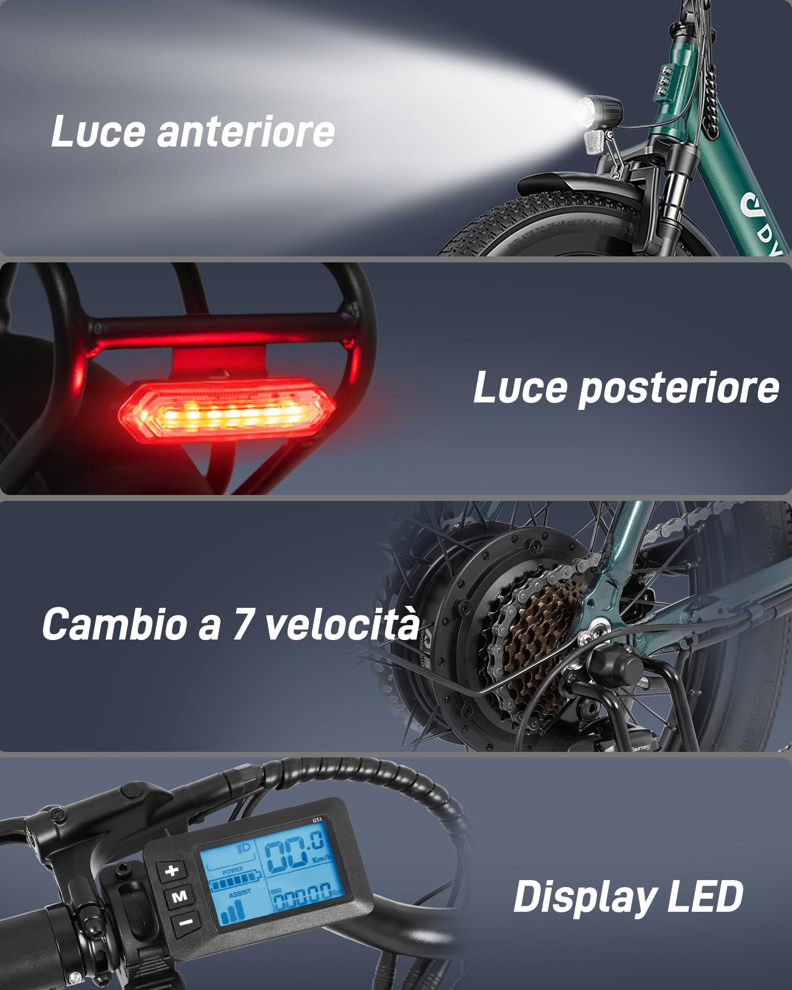 DYU C9 Bicicletta Elettrica Pieghevole 20", 250W, 48V 15,6Ah, 7 Velocità