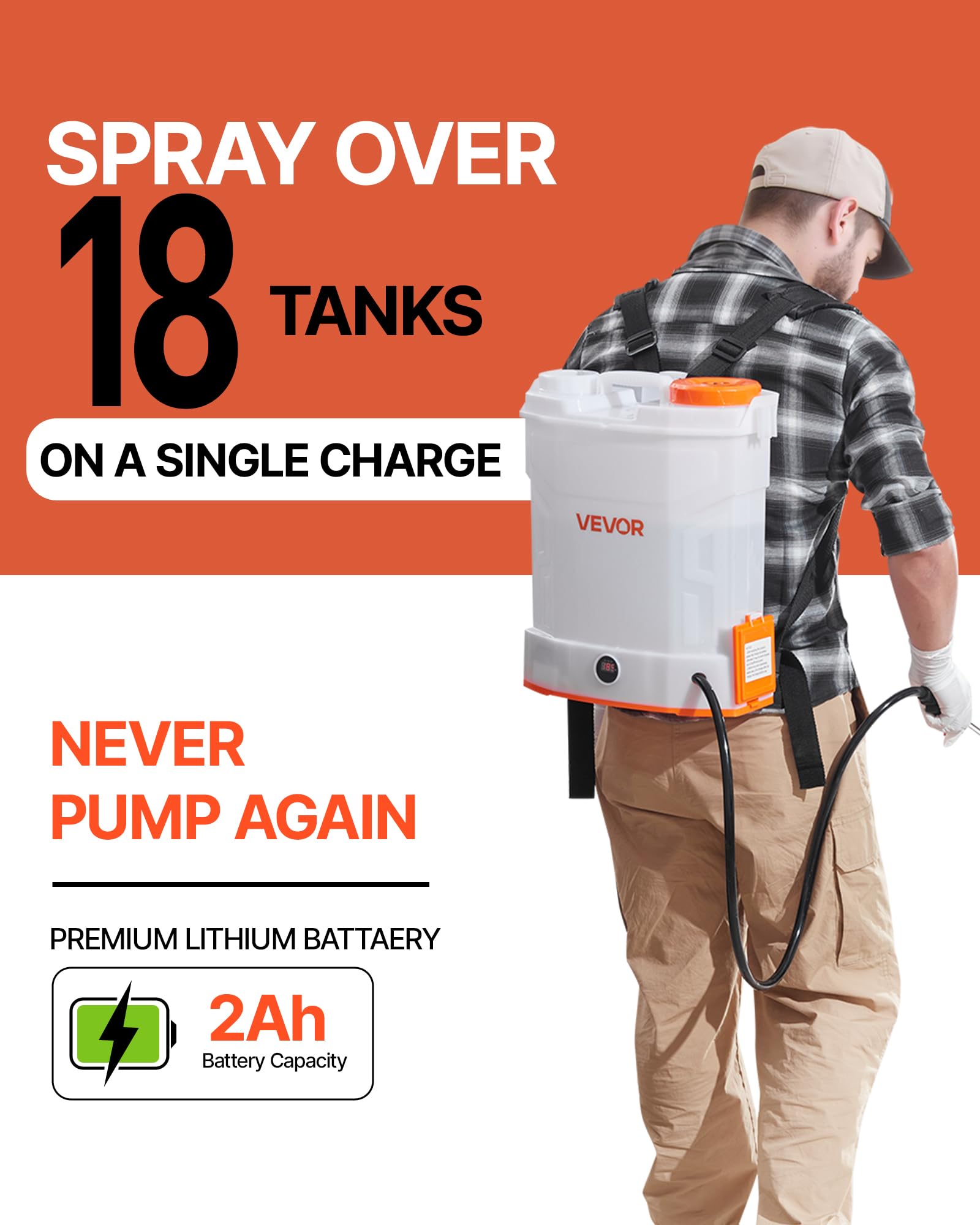 VEVOR Akku-Sprühgerät, 12 L, elektrischer Rücken-Drucksprüher, 2 einziehbare Stäbe und 5 Düsen, einstellbar 0–6 bar, 2 Stunden Laufzeit, tragbarer Pumpsprüher für Hof, Garten und Rasen