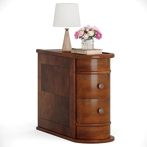 Miniatura 10 de Trggivs Mesa auxiliar de madera con 2 cajones, no requiere montaje, mesa auxiliar estrecha para sofá para sala de estar, mesita de noche delgada