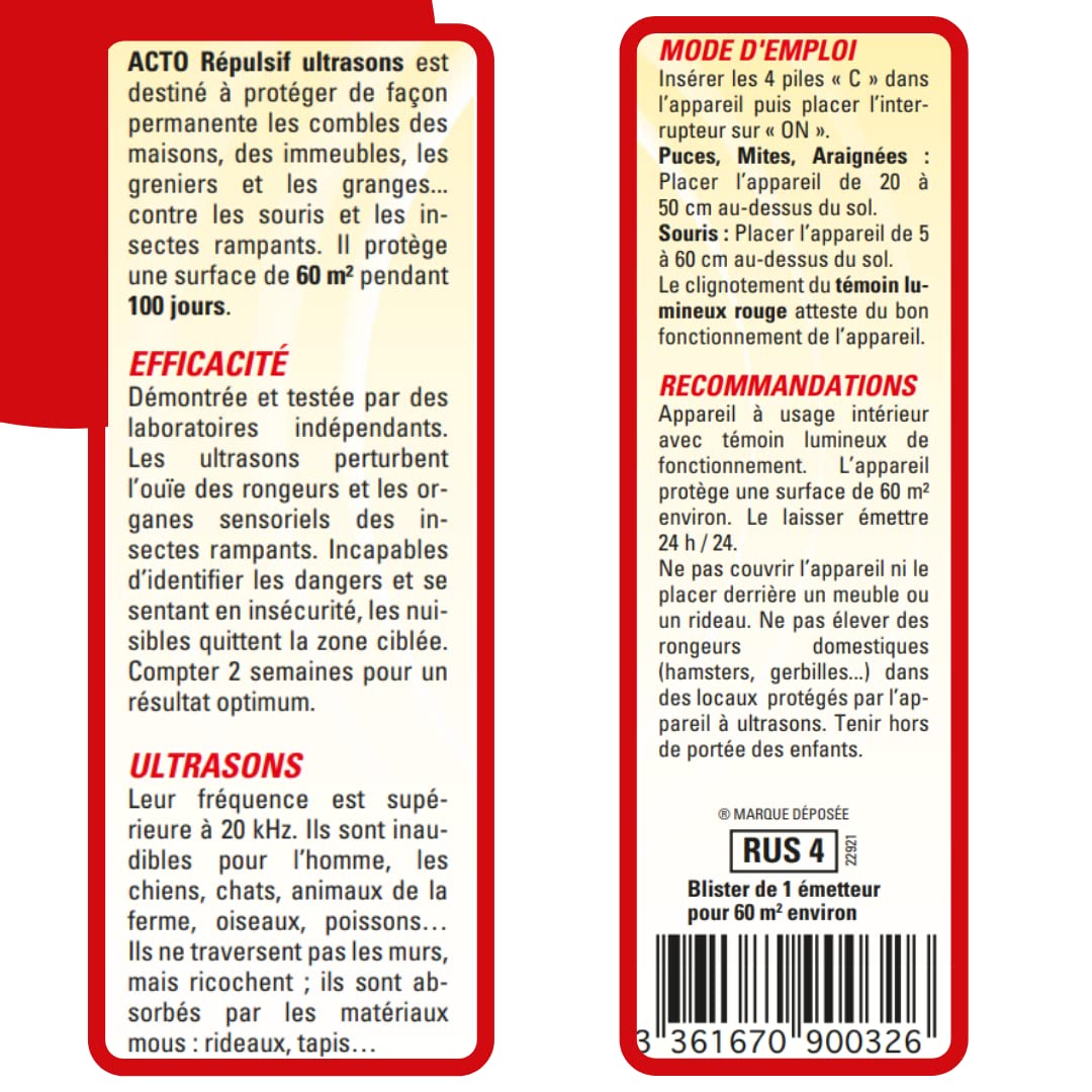 ACTO | RÉPULSIF ULTRASONS SOURIS, INSECTES RAMPANTS, ARAIGNÉES «COMBLES ET GRENIERS» | RUS4