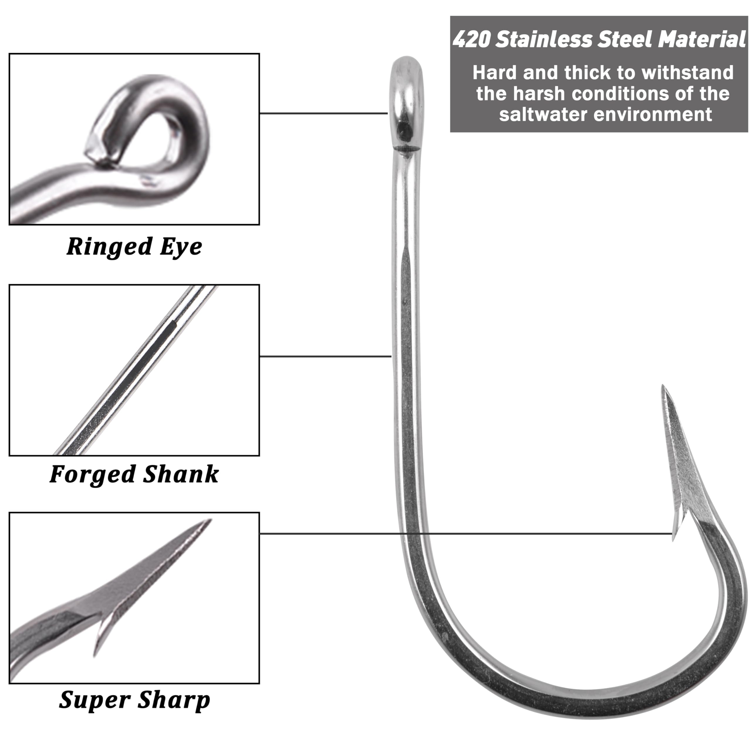 Southern Tuna Saltwater Fishing Hooks, 15pcs Stainless Steel Big Game Trolling Hooks Forged Ringed Extra 6X Strong Ultra Sharp Size 5/0-13/0