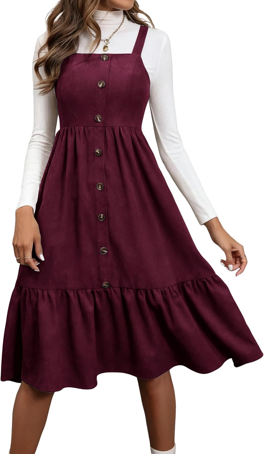 chouyatou Women's Sexy Spaghetti Strap Ruffle Hem Corduroy Dress A Line Pinafore Overall Jumper Midi Long Dress