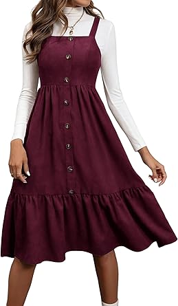 chouyatou Womens Sexy Spaghetti Strap Ruffle Hem Corduroy Dress A Line Pinafore Overall Jumper Midi Long Dress