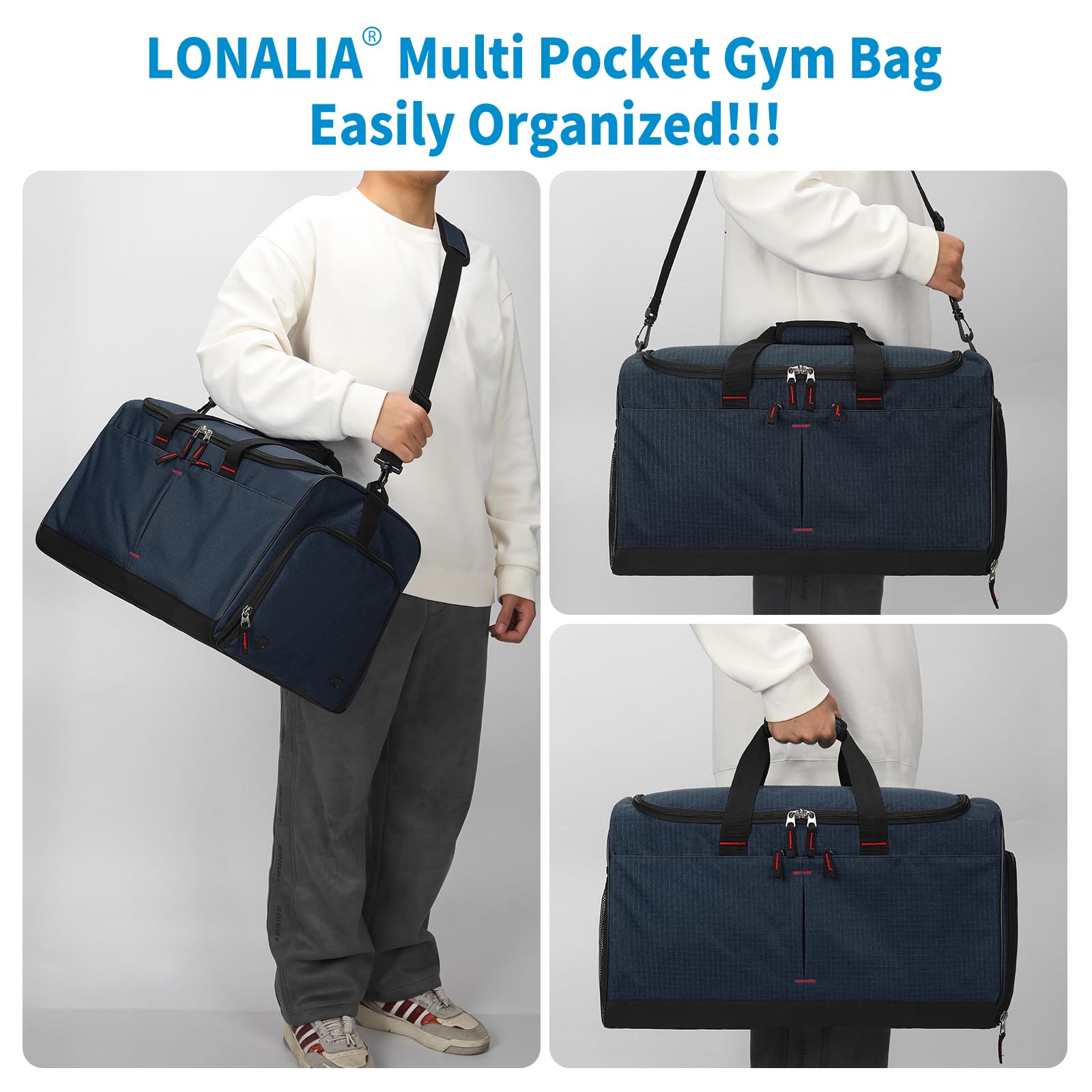Borsa sportiva da 55 l e borsa da viaggio da uomo grande, Blu mare, Sporttasche 21 Zoll, LONALIA 55L Borsa sportiva da viaggio con scomparto per scarpe