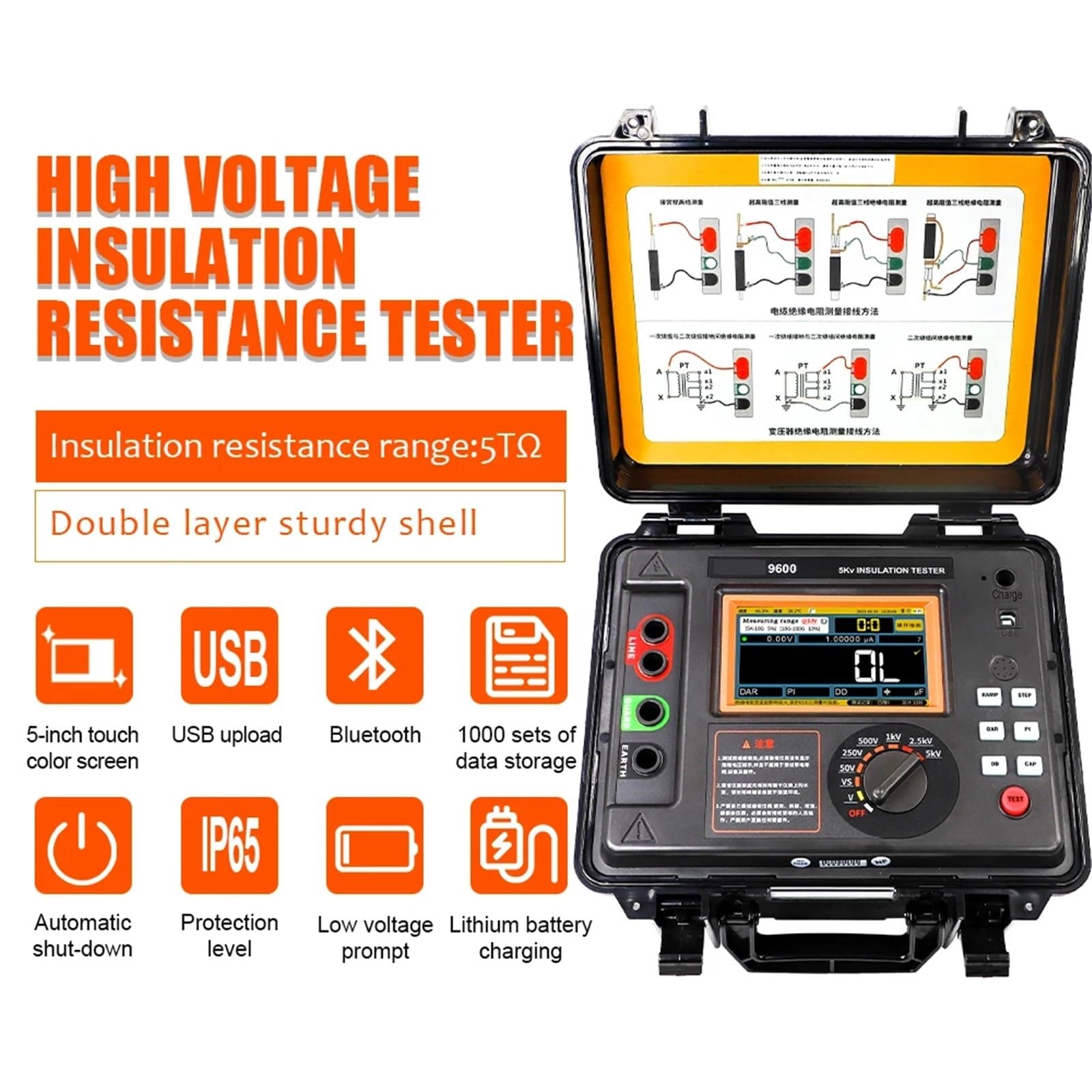 Miernik rezystancji, 9600 wysokonapięciowy tester rezystancji izolacji 10KV 10TΩ wysokiej dokładności akumulator litowy wielokrotnego ładowania miernik rezystancji uziemienia(9600)
