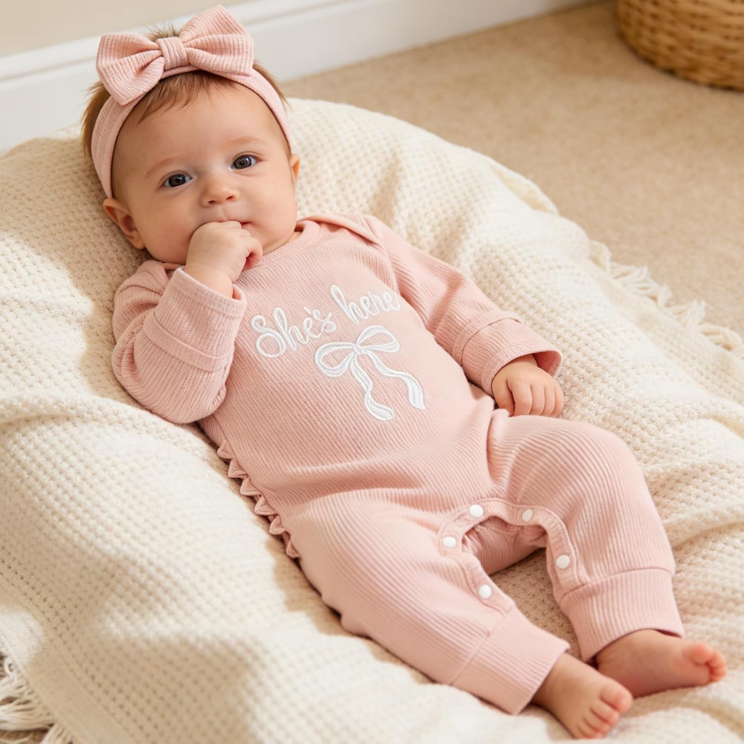 Newborn Baby Girl Coming Going Home Clothes She's Here Bow Embroidery Knit Romper Onesie Fall Winter Outfit - Image 4