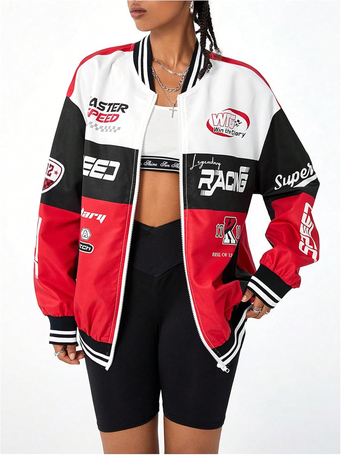 Verdusa Women's Graphic Motorcycle Racing Bomber Jacket Streetwear Zip Up Outerwear Y2k Fall Jackets - Image 5
