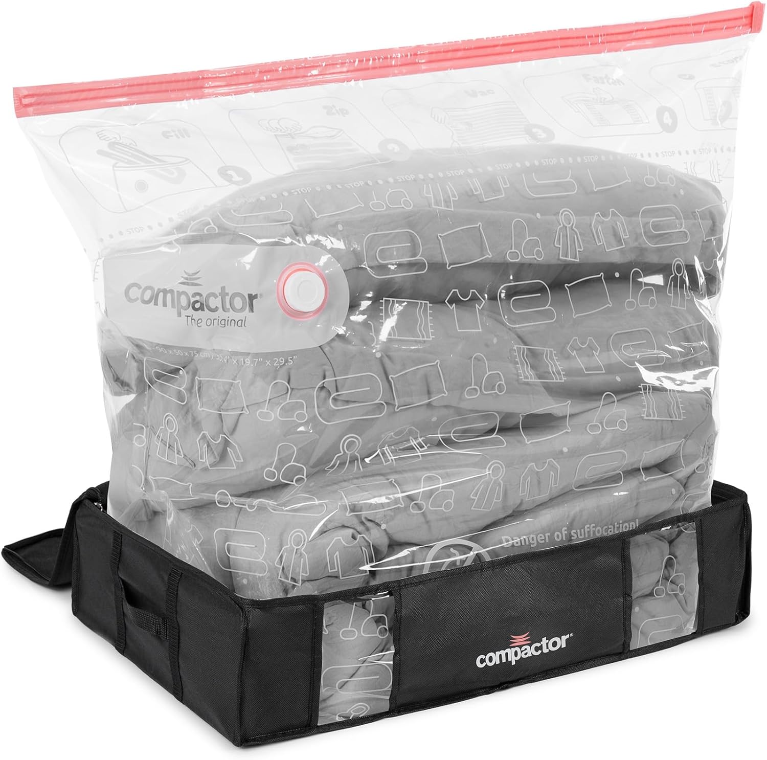 Compactor Vacuum Storage Bag with Semi-Rigid Structured Box, Polypropylene & Nylon Vacuum Storage Bags, Vacuum Seal Bags for Clothing and Bedding, Closet Organizer (Black, Large)