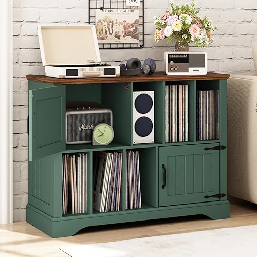 Soporte grande para tocadiscos con almacenamiento de vinilo, soporte giratorio de 39.5 pulgadas, armario de almacenamiento de madera con puertas