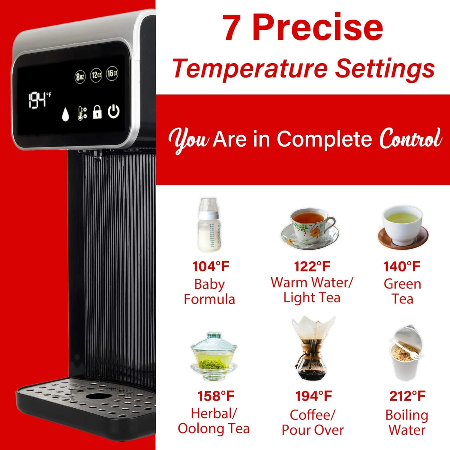 Brentwood KT-2300DBK 3-Liter 1800w Digital Instant Hot Water Dispenser with 7 Temperature Presets, 4 Water Volume Options, Large Carry Handle, and Child Safety Lock, Black