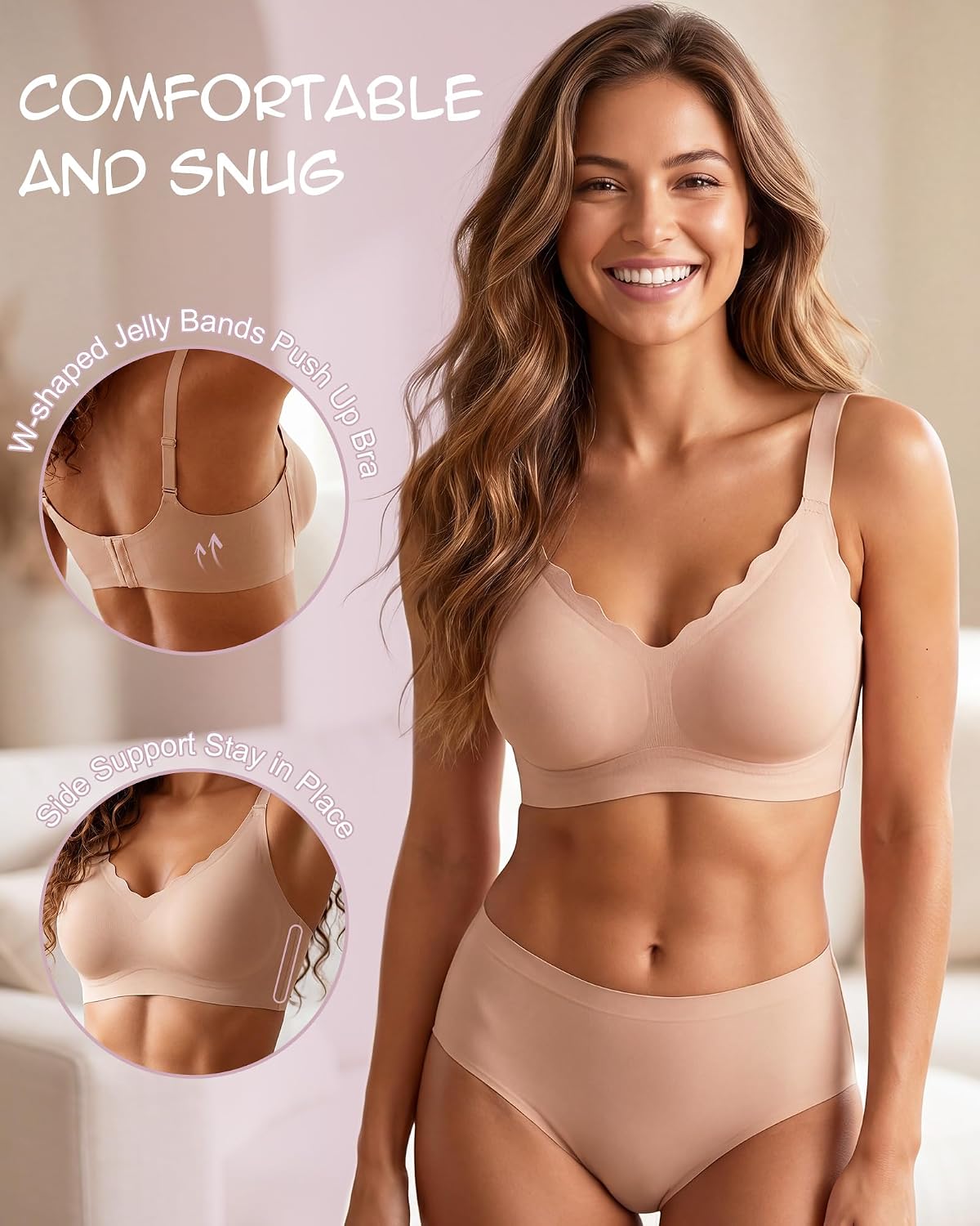 Cuffbow 6 Pcs Jelly Bras for Women Wireless No Underwire Push up Bras Seamless Scalloped Everyday T-Shirt Bralettes, L