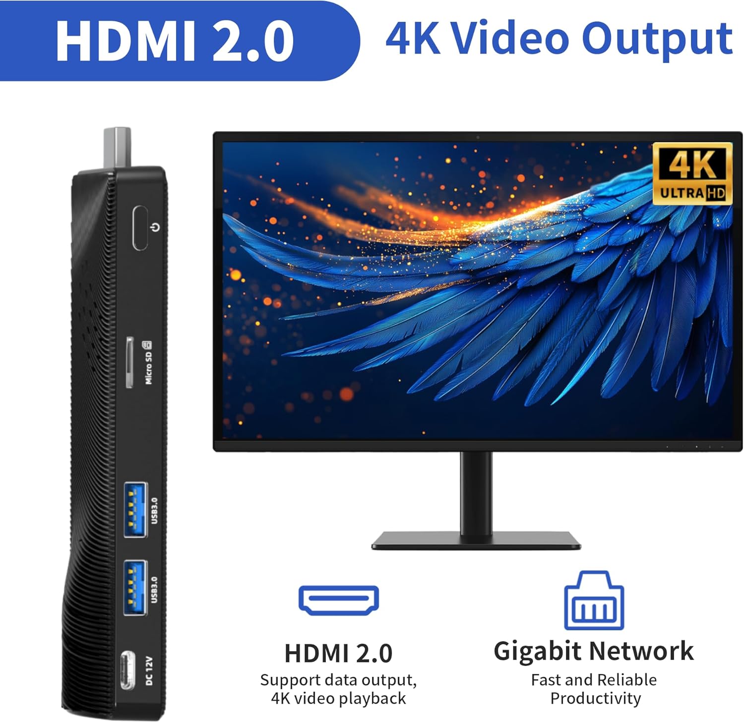 Mini PC Stick Fanless, Micro Desktop Computer Pentium J3455, 4GB RAM 64GB eMMC, Dual Gigabit Ethernet, 4K@60Hz Output, WiFi BT 5.0 for Industrial IOT, Business, Office & Digital Signage