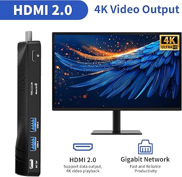Mini PC Stick Fanless, Micro Desktop Computer Pentium J3455, 4GB RAM 64GB eMMC, Dual Gigabit Ethernet, 4K@60Hz Output, WiFi BT 5.0 for Industrial IOT, Business, Office & Digital Signage