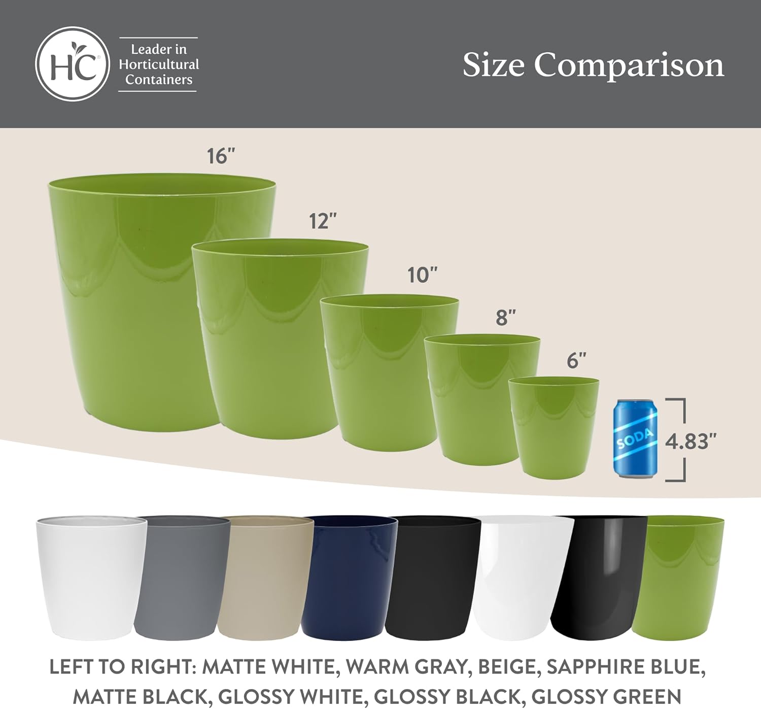 The HC Companies Aria Round Plant Pot - Lightweight Plastic Planter for Herbs & More - Durable Plant Pots for Indoor Plants & Outdoor Plants (16" Glossy Green, Pack of 1)