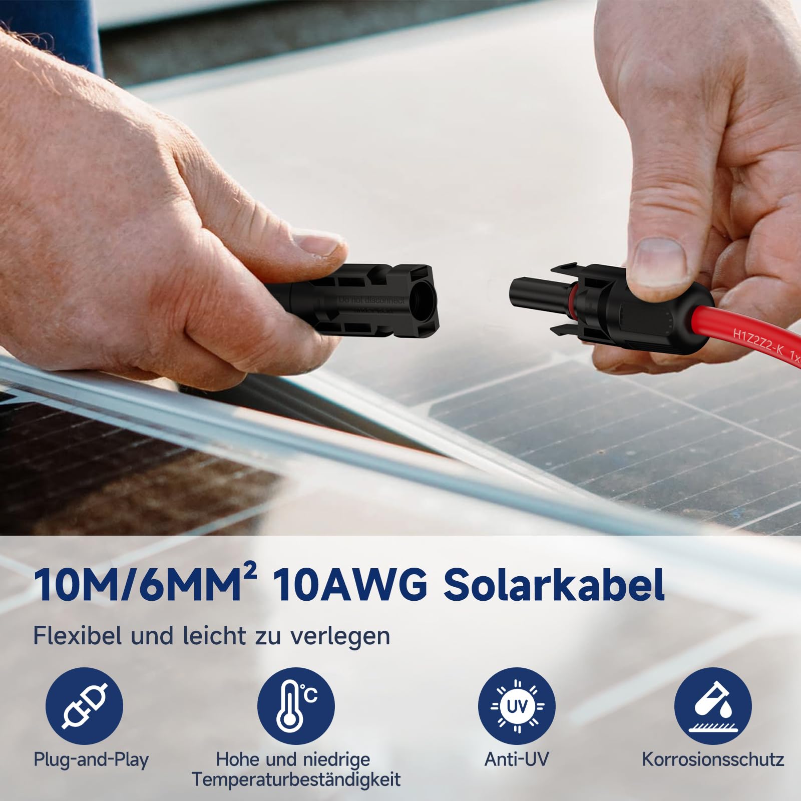 Cable solar de 6 mm², cable de extensión fotovoltaica, 10 m, con casquillos y conectores solares, alargador de cable solar de 10 AWG, IP68, resistente al agua, para sistemas solares (rojo/negro