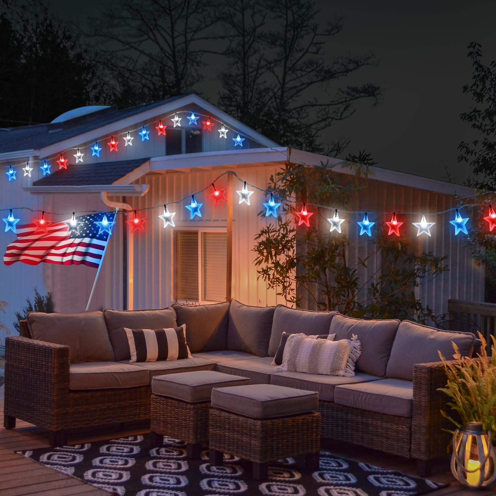 Luci Decorative Esterne 4 Luglio – Tenda 4,3 M Con 420 LED Rosso, Bianco, Blu – A Energia Solare E USB – 8 Modalità, Telecomando