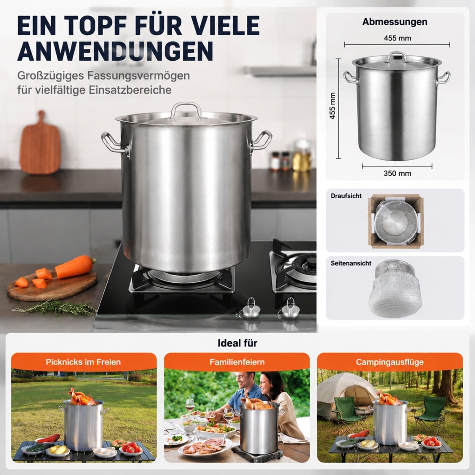 Edelstahl Kochtopf 39,7 L mit Deckel und Griffen, großer Suppentopf für Restaurant, Veranstaltung und Gewerbeküche