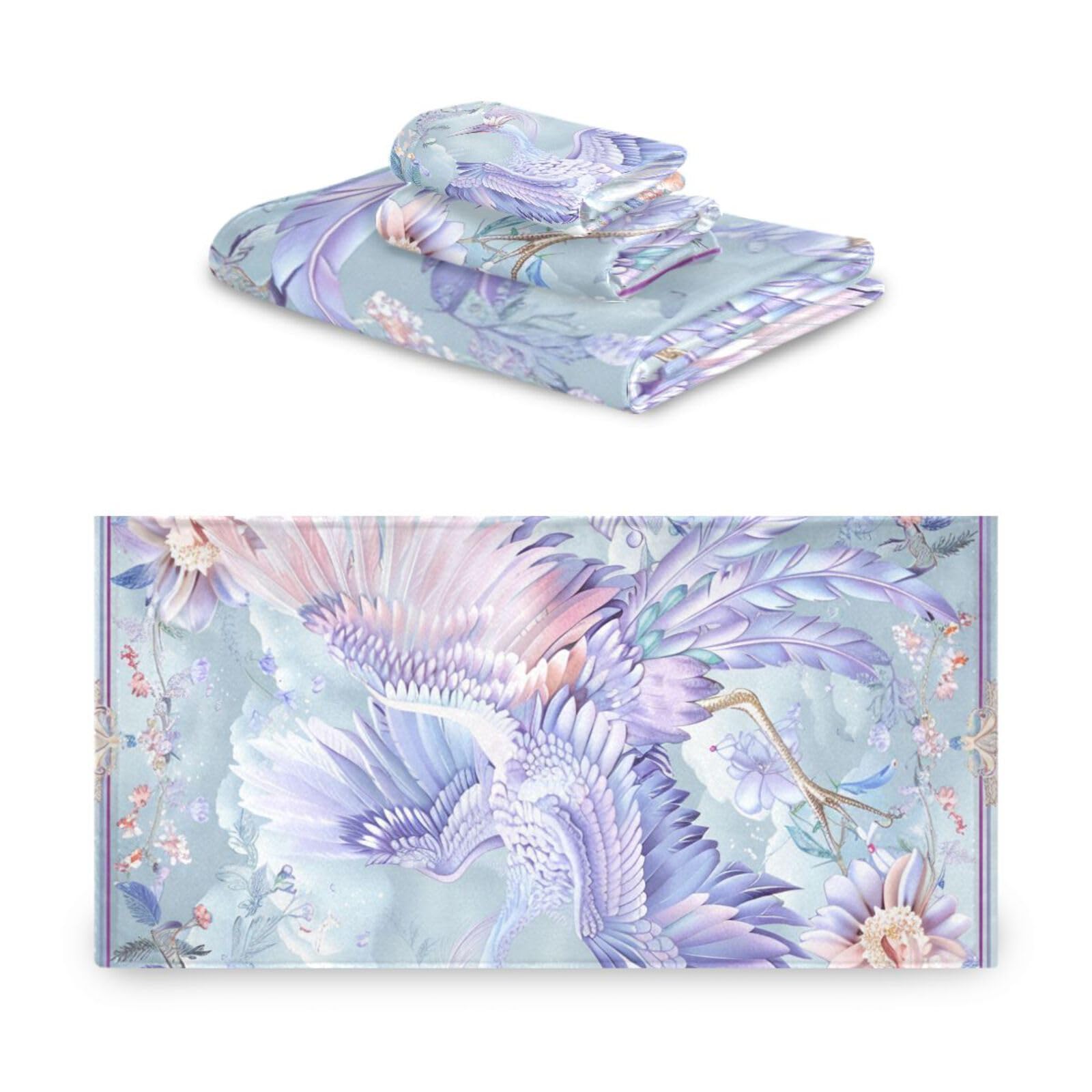 Set di 3 asciugamani morbidi in stile bohémien con fiori e gru viola, 1 asciugamano da bagno, 1 asciugamano per le mani, 1 panno per la casa, cucina e famiglia