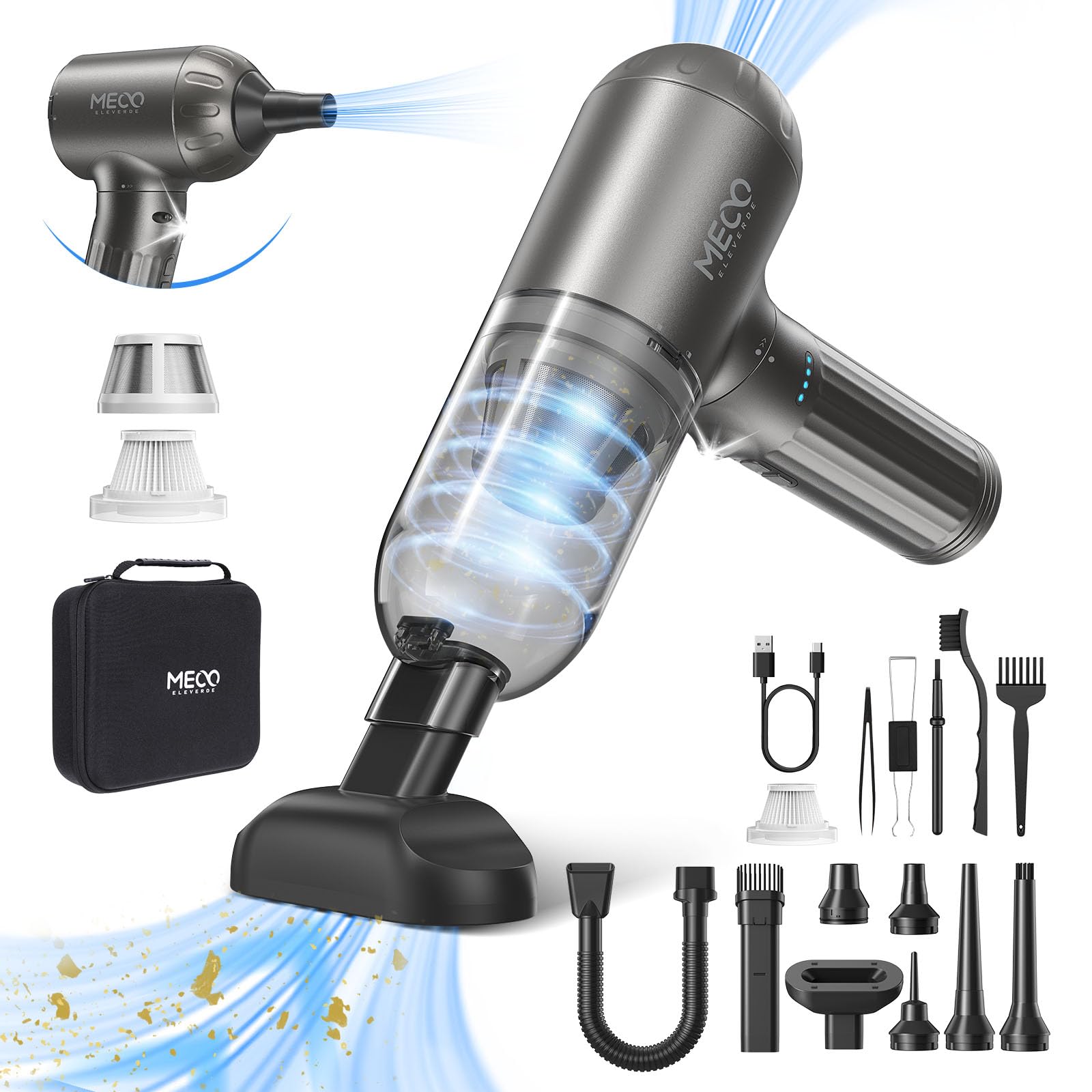 MECO ELEVERDE 4 en 1 Aspirateur Voiture Puissant sans Fil, 18KPA Mini Aspirateur à Main Souffleur Air Comprimé avec Moteur sans Balai et Lumières LED pour Voiture, Maison, PC Bureau, Noir