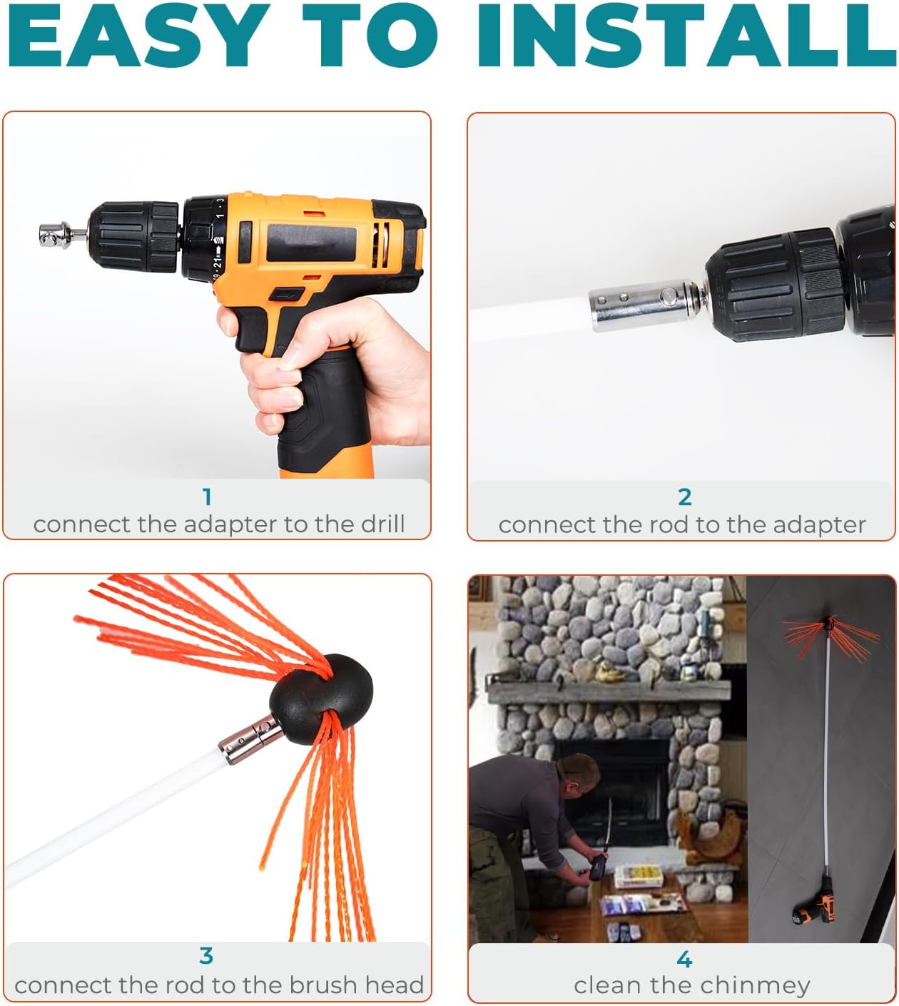 Chimney Sweep Brush and Drill Adapter Kit | Rotary Sweep, Aluminum Power Brush, Chrome Button Locking System, Efficient Fireplace Cleaning