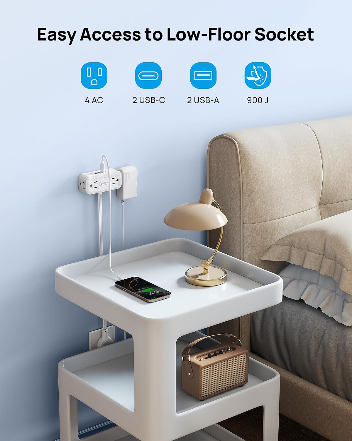 TROND 360° Rotating Plug Outlet Extender Stick 36 in - Electrical Multi Plug Extendable Outlet + Outlet Extender with 6 Inch Cord, Flat Plug Adapter with 4 Electrical Sockets, 900J Surge Protector