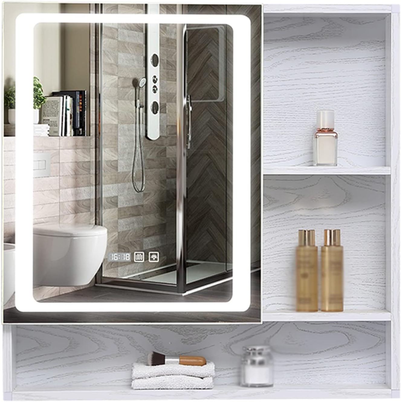 Bathroom Mirror Cabinet With Light Waterproof Storage Cabinet Space Aluminum Mirror Cabinet White Bathroom Vanity Mirror With Defogging Function (Color : White, Size : 60x12.5x70cm)