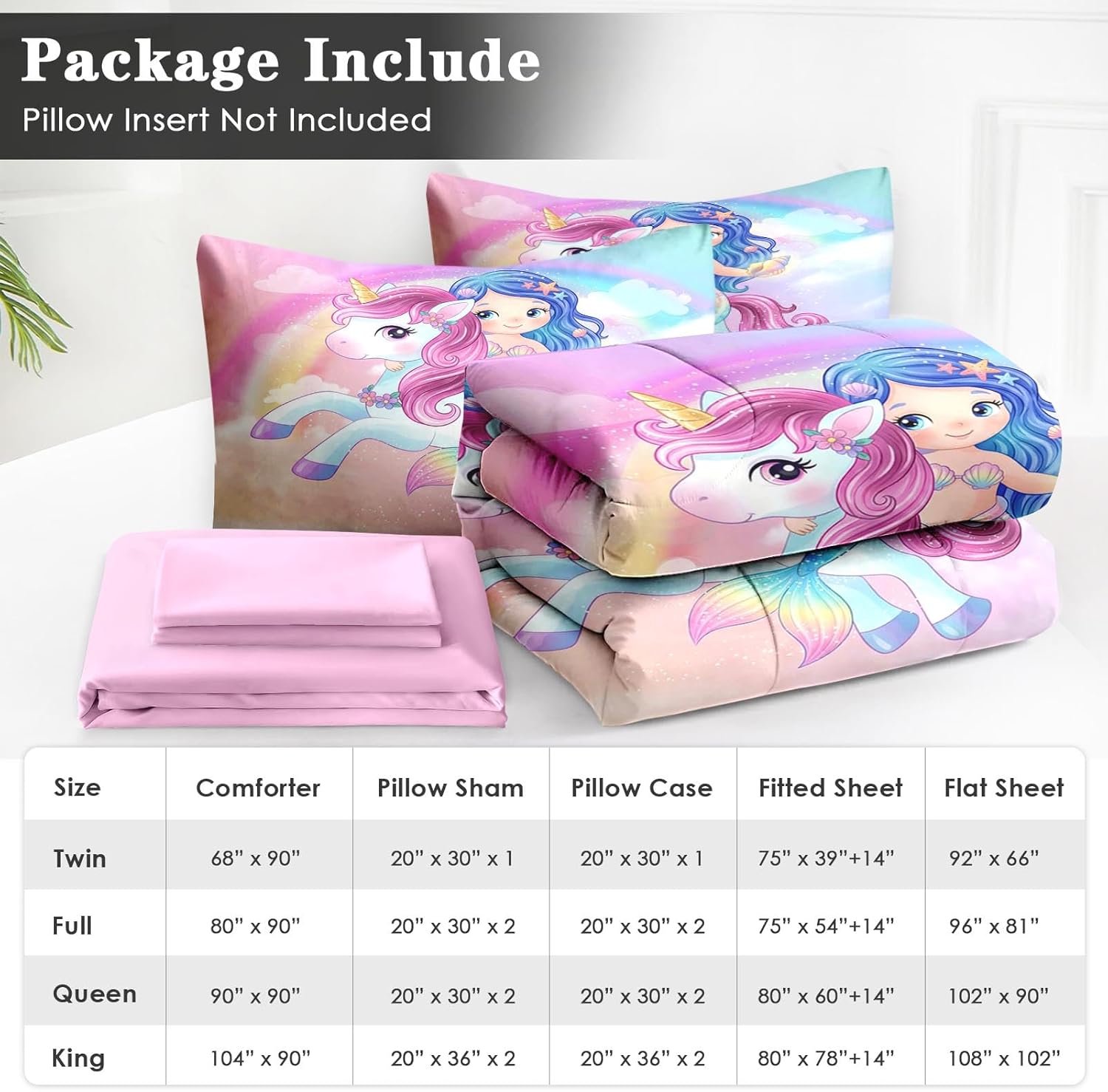 WeCozy Queen Size Comforter Set with 2 Pillowcases & 2 Shams, Cute Unicorn Mermaid 7 Pcs Bedding for Kids and Teens, Love Kids Rainbow Bed in a Bag with Flat Fitted Sheet