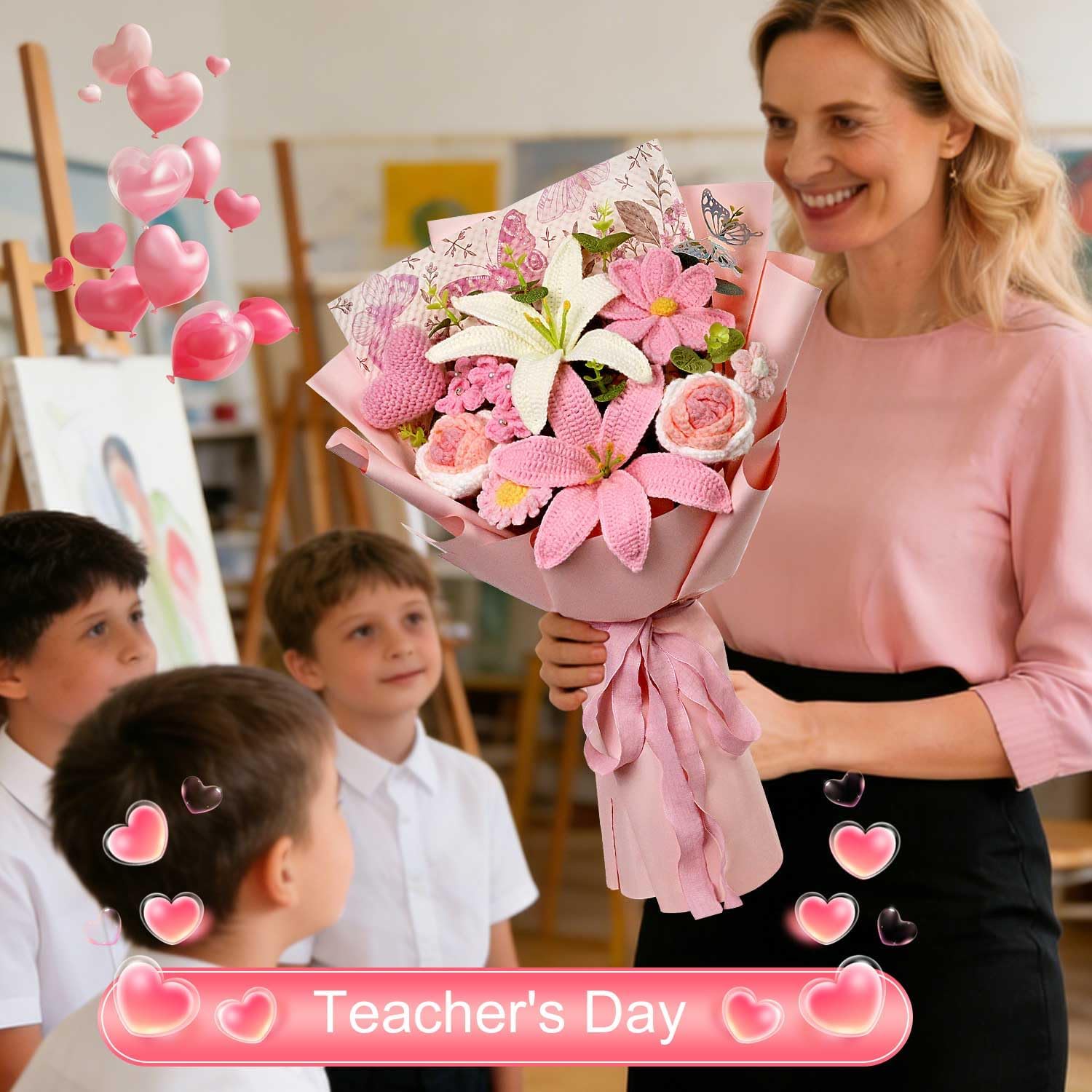 Crochet Lily Flowers Bouquet, Handmade Knitted Lily Galsang Flowers Bouquet for Wedding, Mother's Day, Graduation Gift, Anniversary, Birthday Gift for Woman, Wife, Mom, Girlfriend, Lover