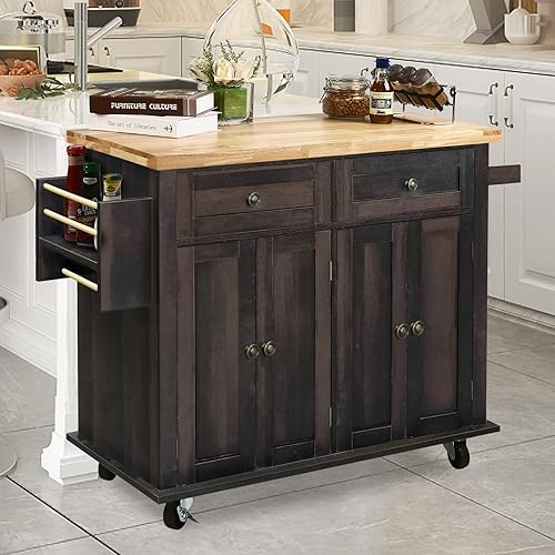 Miniatura 3 de NSdirect Carrito de isla de cocina, barra de cocina y carrito de servicio, ruedas con estante para especias, toallero, carrito de almacenamiento con