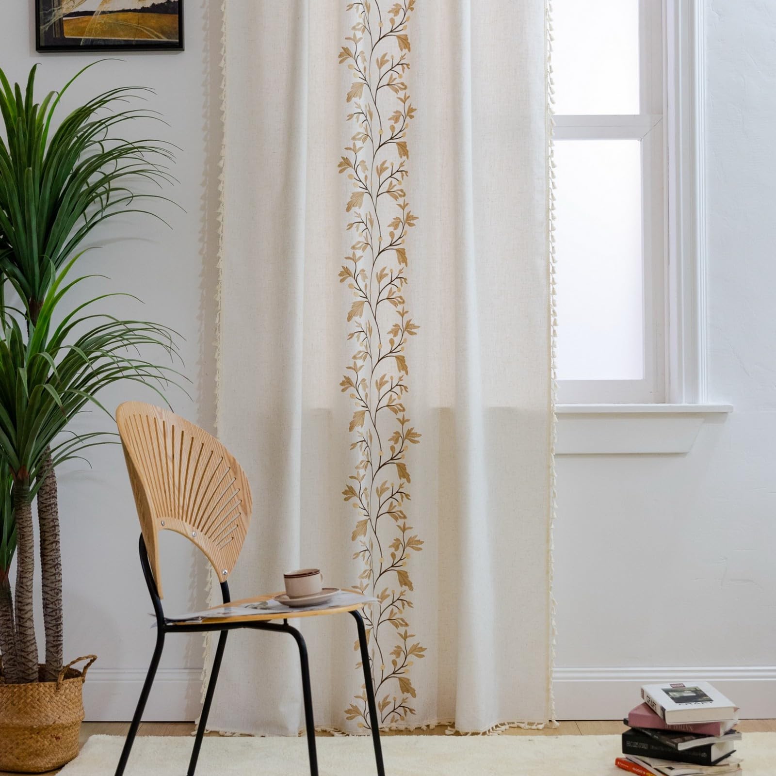 A.Monamour Tenda per Interni Traslucido Semi Oscurante Boho Decorativo con Nappe Floreale in Cotone Tessuto Tende a Pannello Porta Finestra per Camera da Letto Soggiorno Cucina, 1 Pezzo, fiori dorati