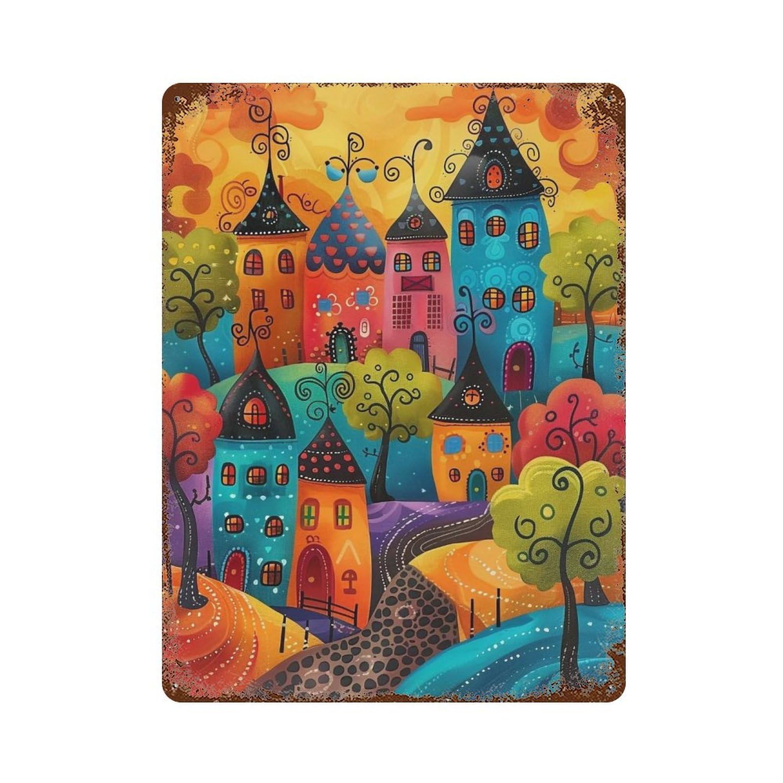 HDURYEYRYY Whimsical Colorful Fairy Town 02 Wall Retro Iron Vintage Art Metal Tin Sign Poster Modern Home Cofffee Club Art Bar Shop Decor Style 40x30cm