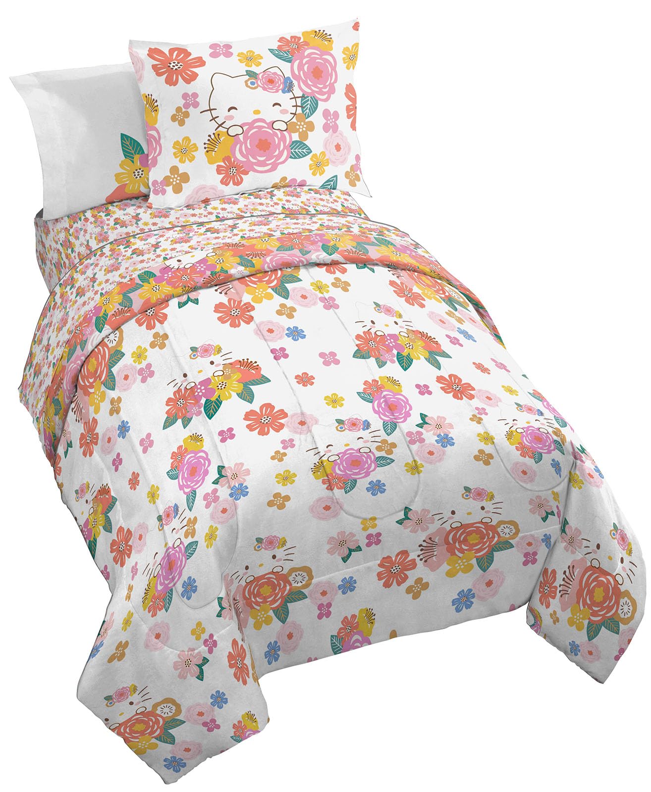 Jay Franco Hello Kitty Twin Size Comforter Set - 7 Piece Bedding Includes Sheet Set & Pillow Covers - Super Soft Floral Bedding
