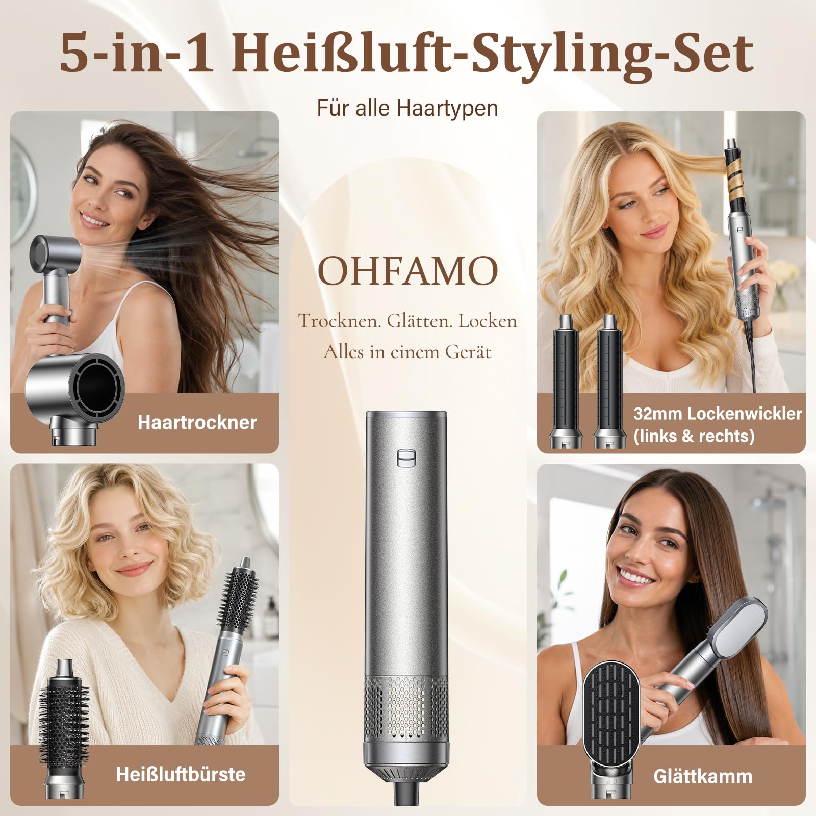 5 in 1 Hairstyler - Professionelle Airstyler mit Ionen Föhn, Lockenstab Automatisch, Warmluftbürste, Glättbürste und Volumen Styling für schnelle Frisuren zu Hause, Büro und Reisen Silber