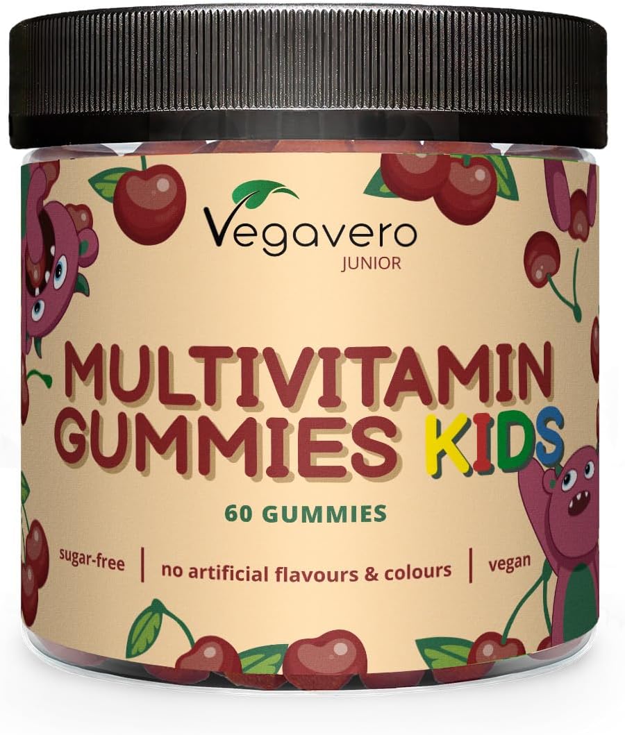 Gummies Child Multivitamins | Sugar Free | 17 Nutrients: Vitamins C, D, B, Zinc, Selenium, Iodine … | Immunity + Fatigue | Cherry Taste | Vegavero