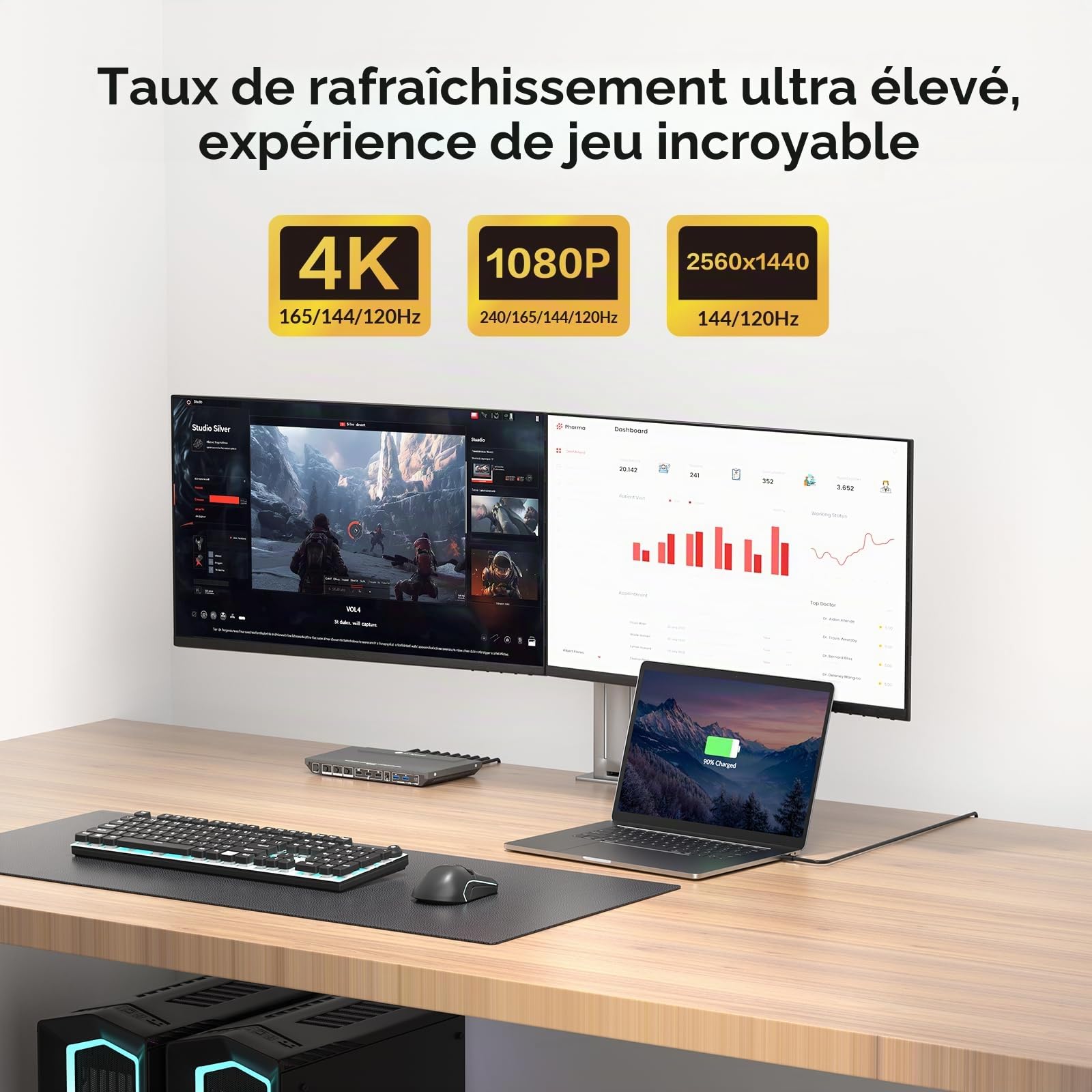AV Access Station d'accueil Commutateur KVM pour 1 ordinateur portable et 2 PC de bureau, double moniteurs 4K@60Hz, émulation EDID, charge USB-C 100W,1G Gigabit, taux de rafraîchissement élevé