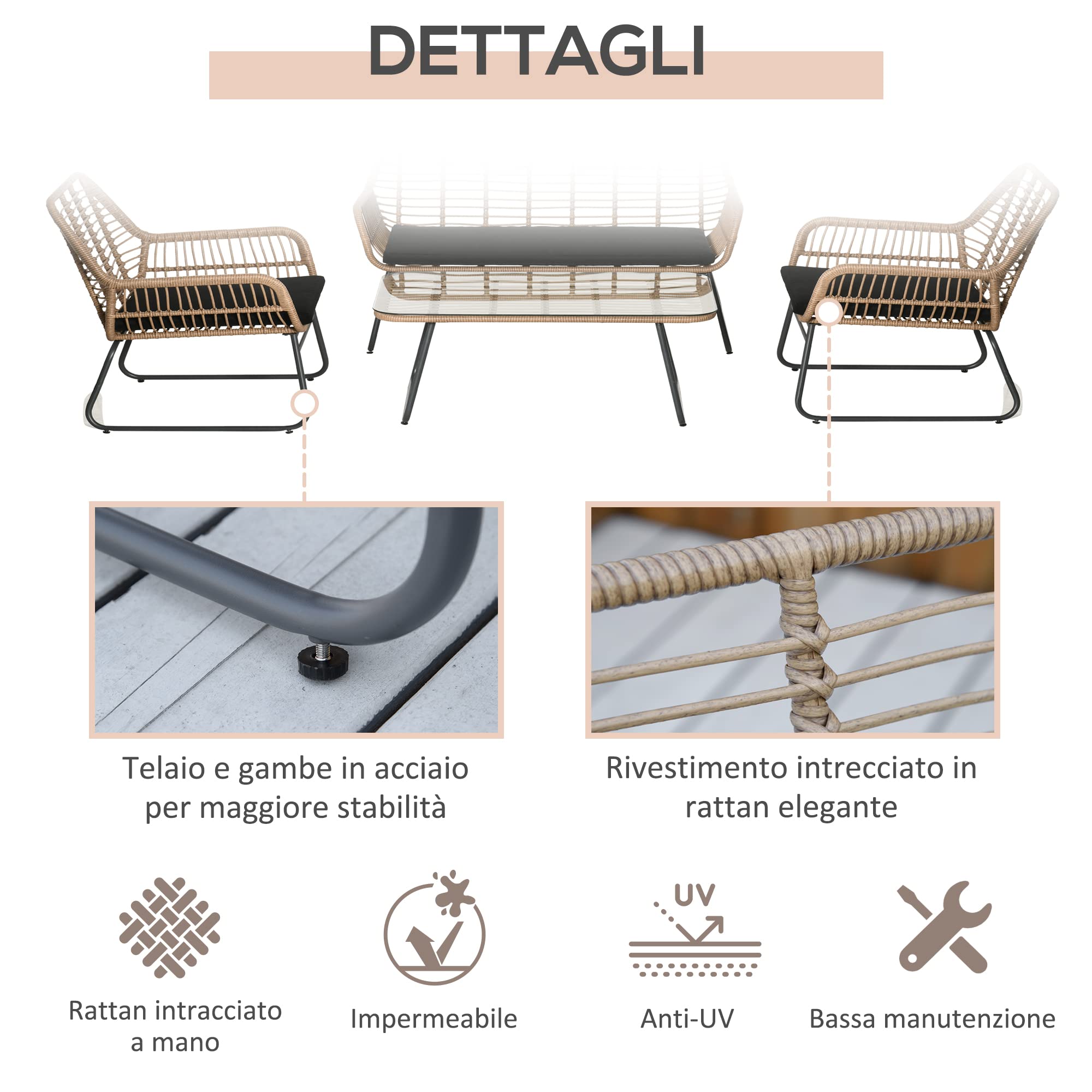 Outsunny Set Mobili da Giardino in Rattan PE da 4 Pezzi, Salotto da Esterno Stile Boho con 2 Poltrone, Divanetto e Tavolino con Ripiano