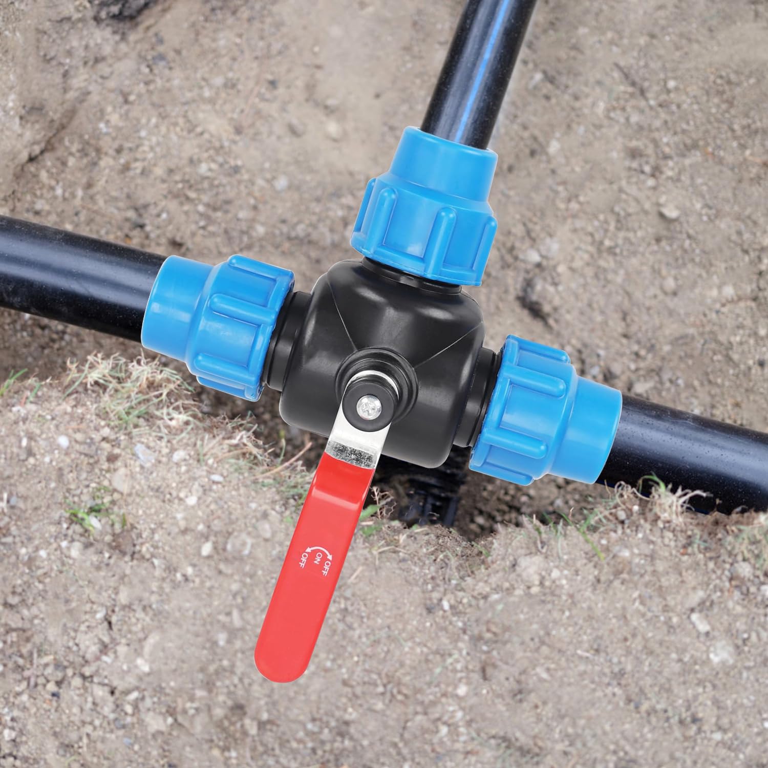 PP-Fitting, złącze zaciskowe, uchwyt dźwigniowy, zawór kulowy do rury PE (trójnik, 32 mm)